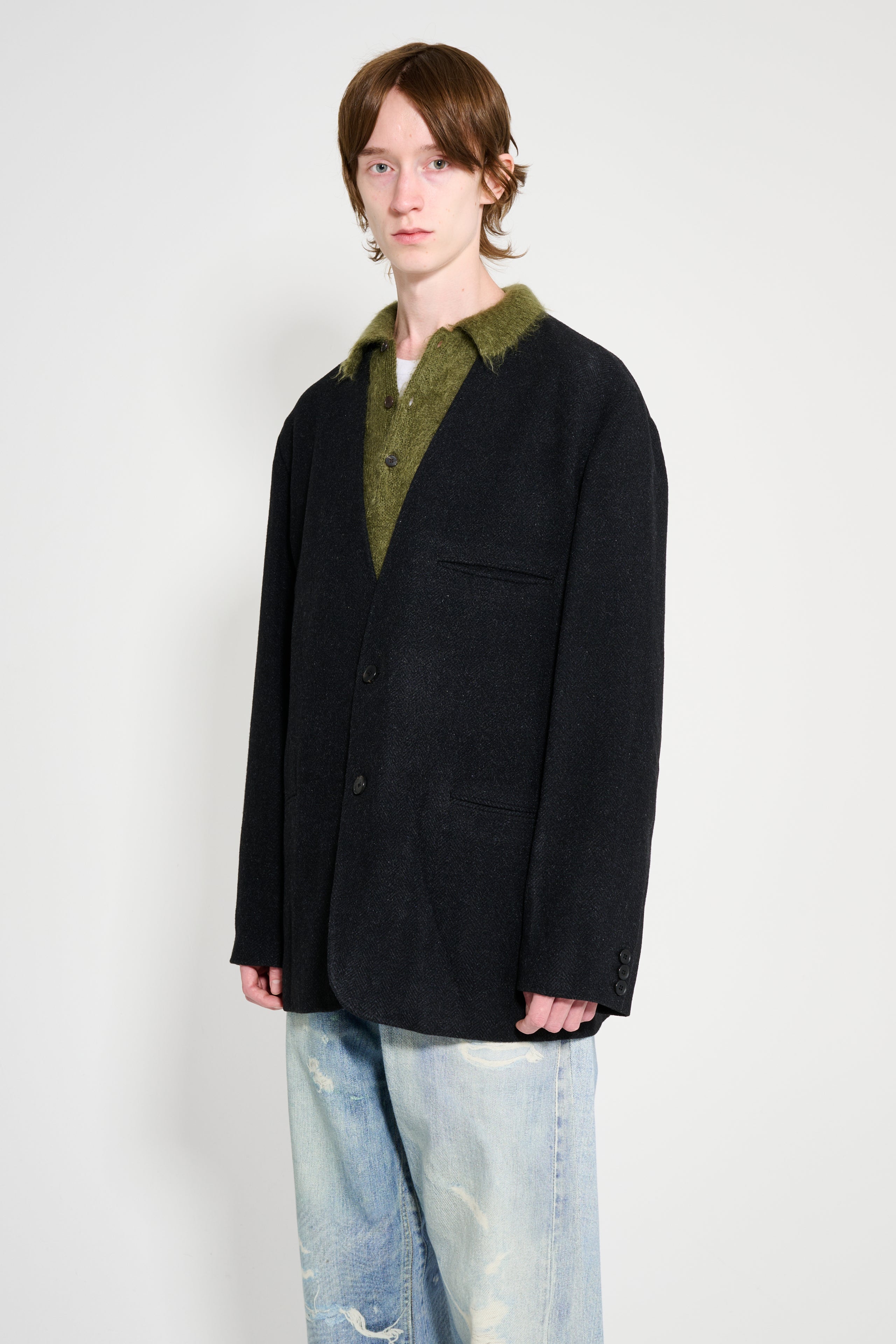 A.PRESSE Silk Cashmere Tweed Collarless Jacket Charcoal