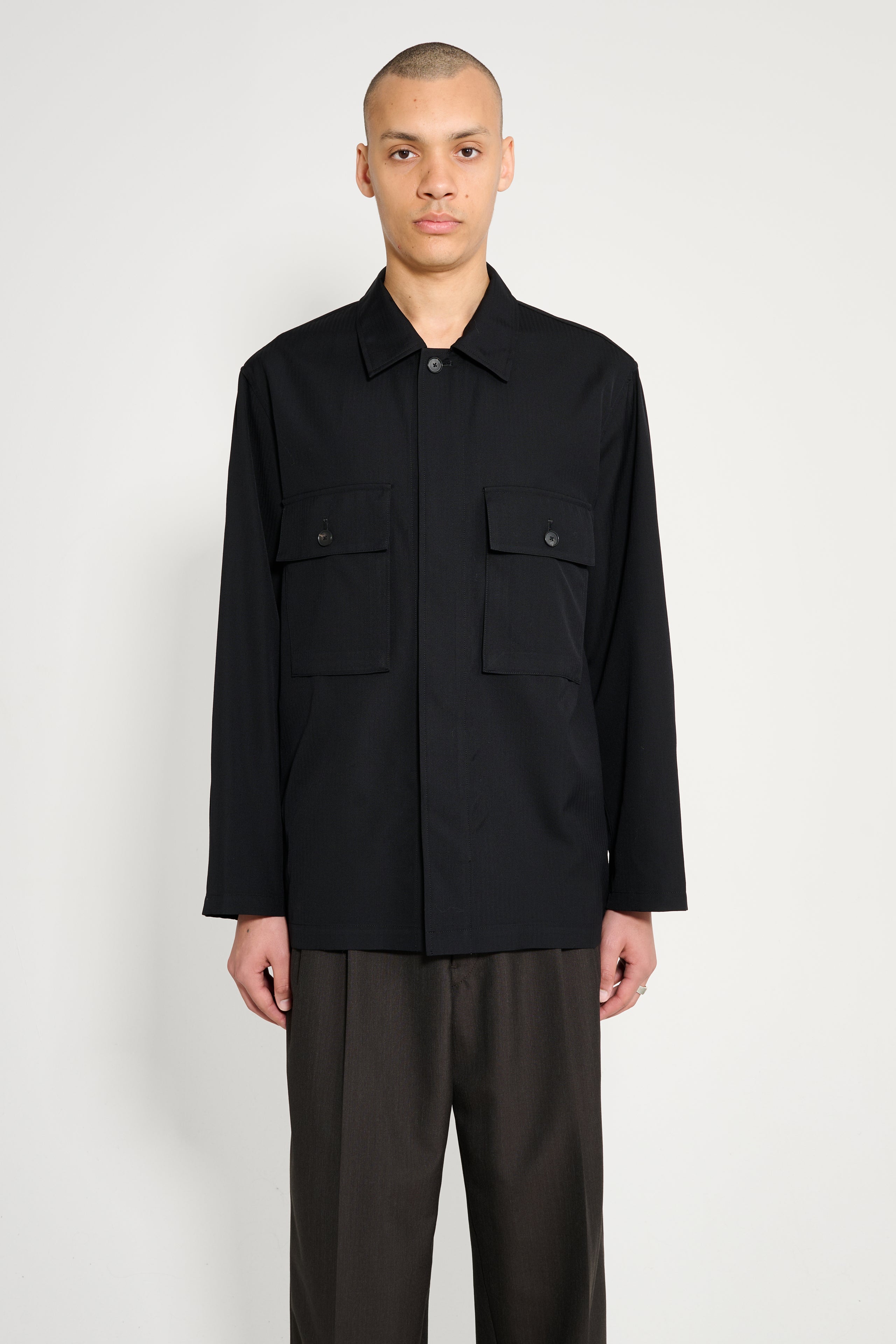 Auralee Wool Herringbone Overshirt Black