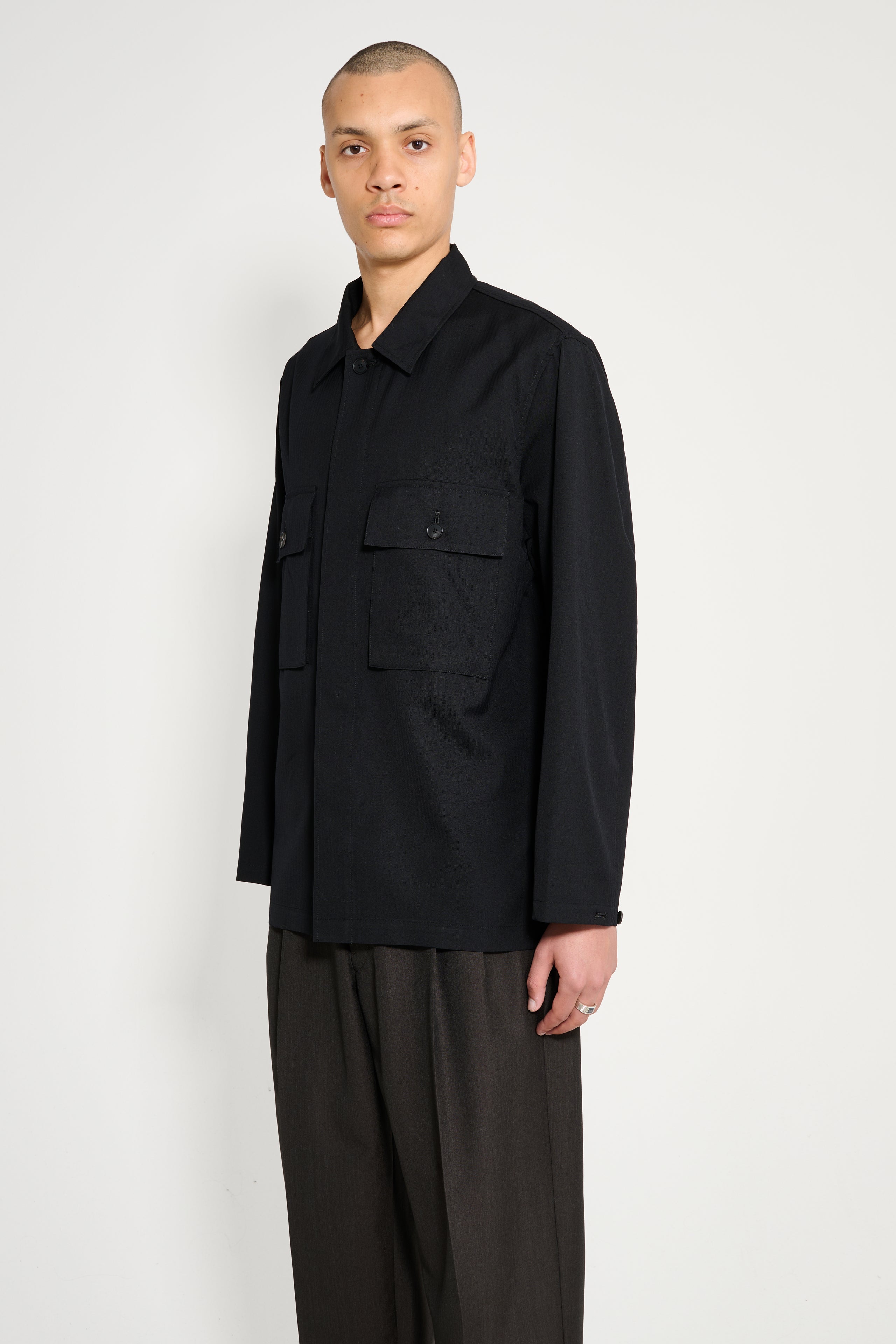 Auralee Wool Herringbone Overshirt Black