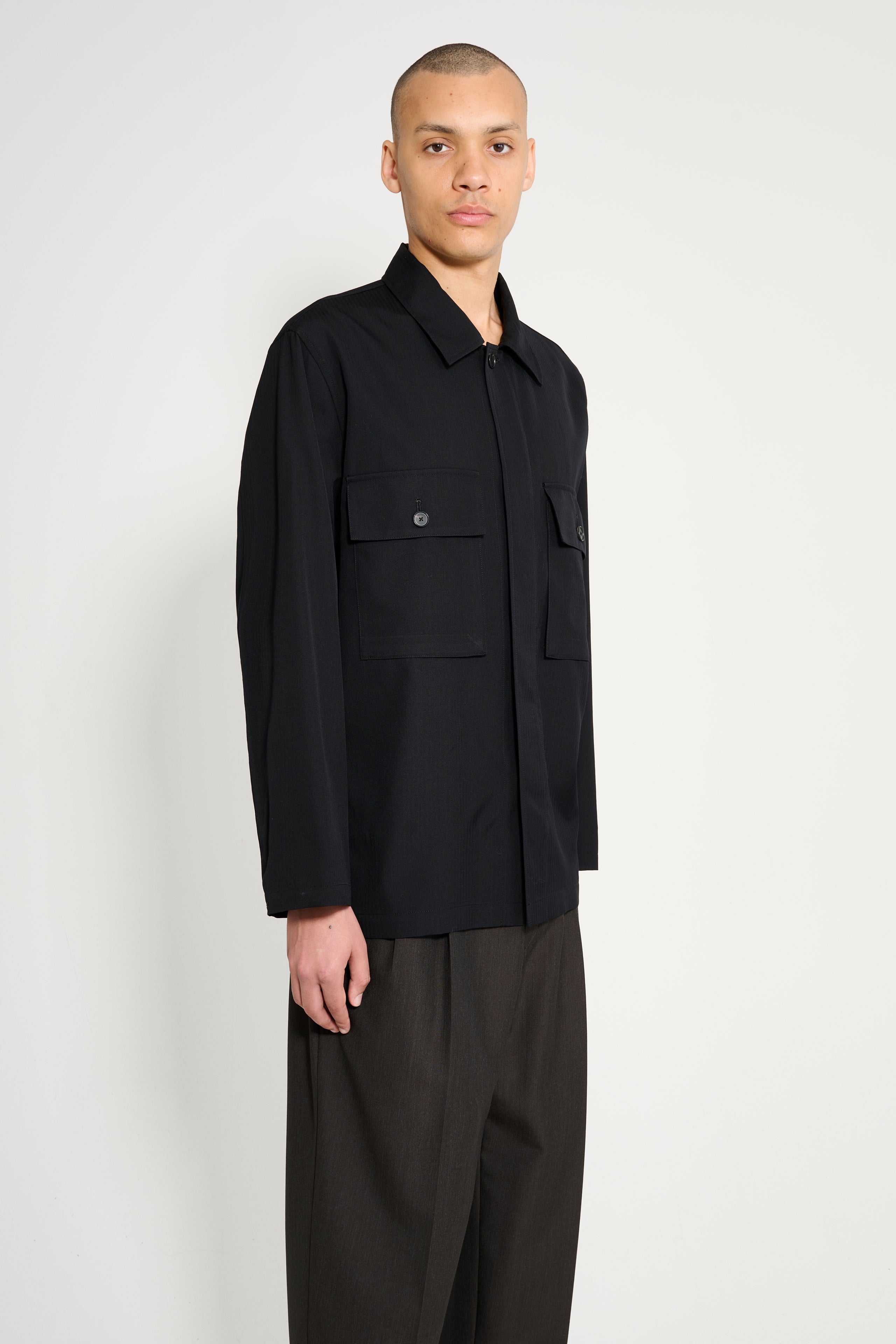 Auralee Wool Herringbone Overshirt Black