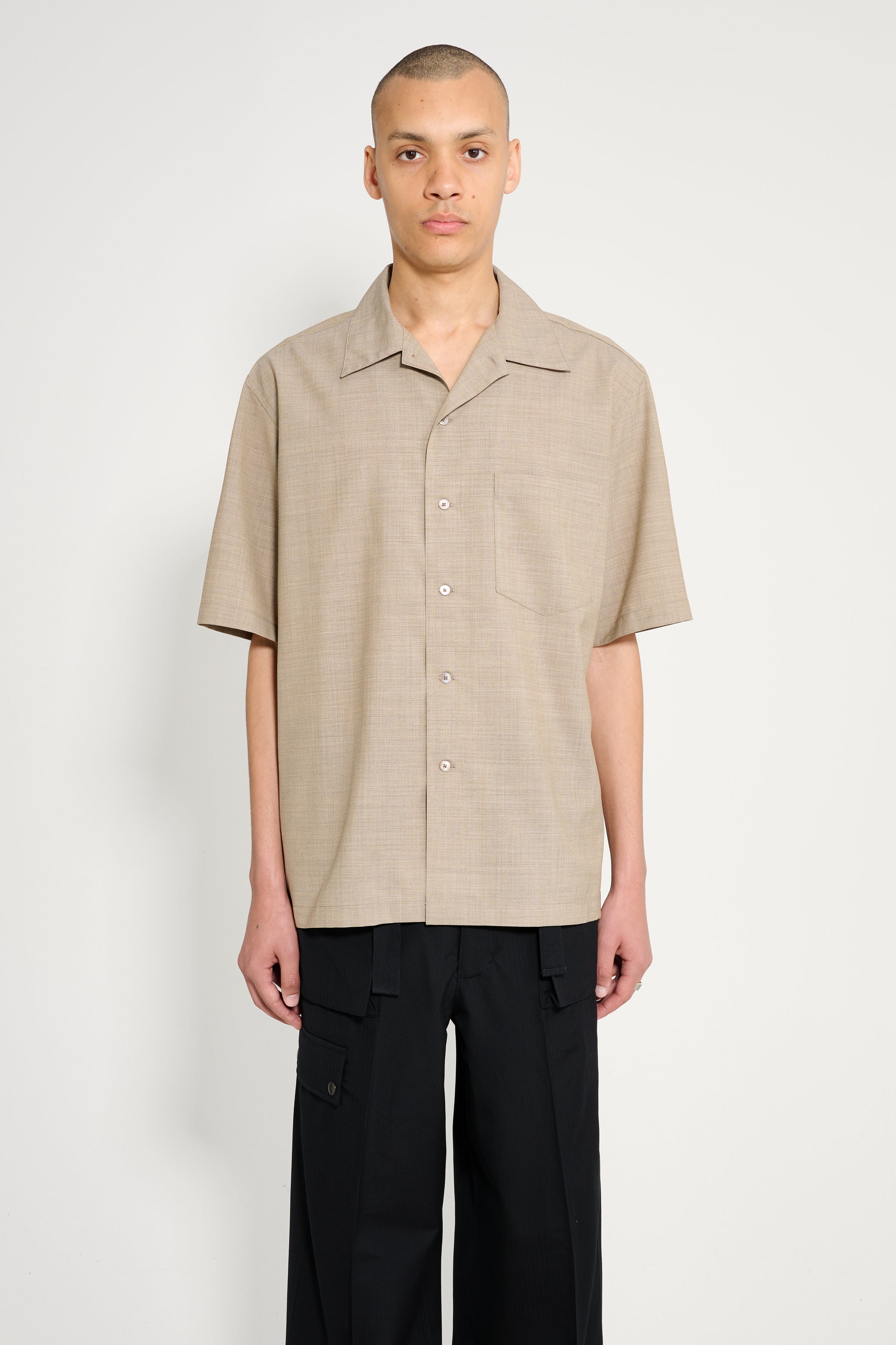 Auralee Super Fine Tropical Wool Open Collar Half Sleeved Shirt Top Light Brown