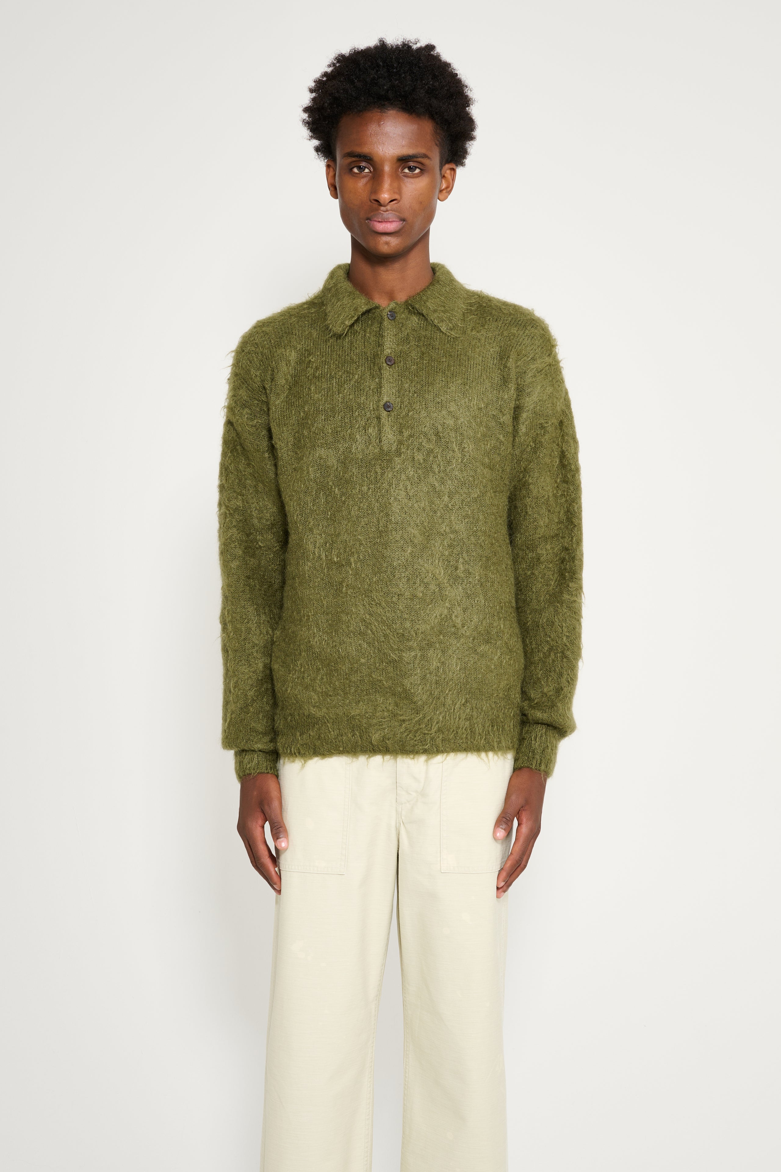 Auralee Brushed Super Kid Mohair Knit Polo Olive