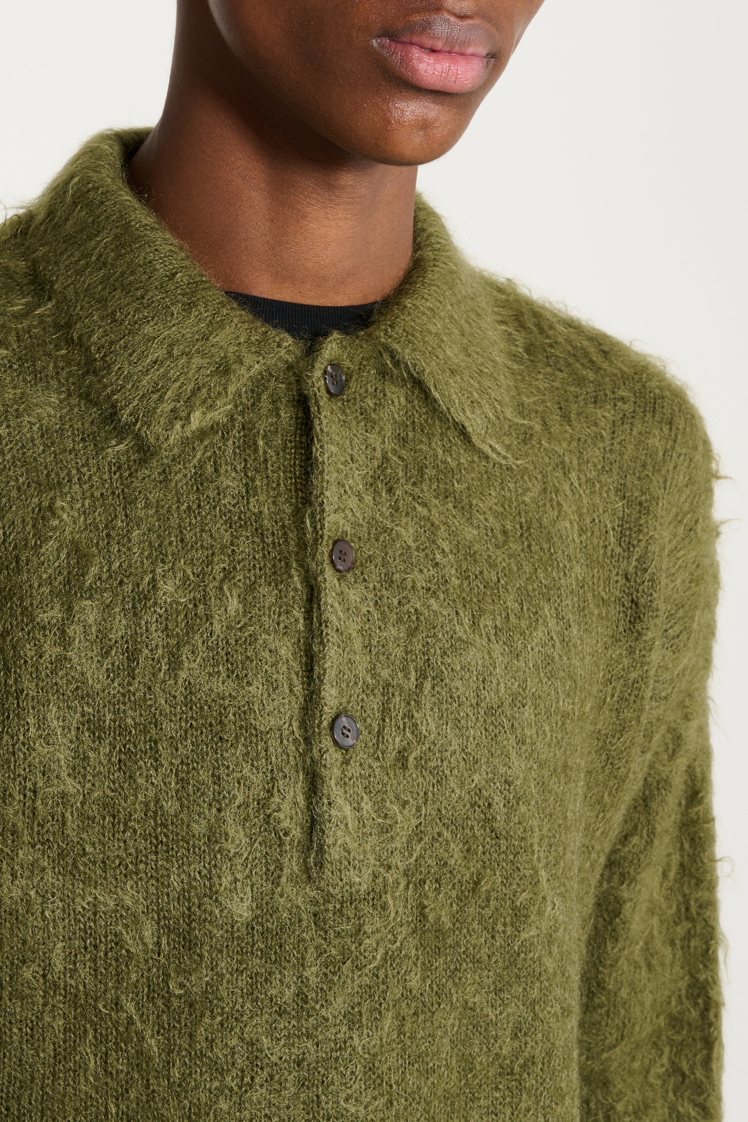 Auralee Brushed Super Kid Mohair Knit Polo Olive