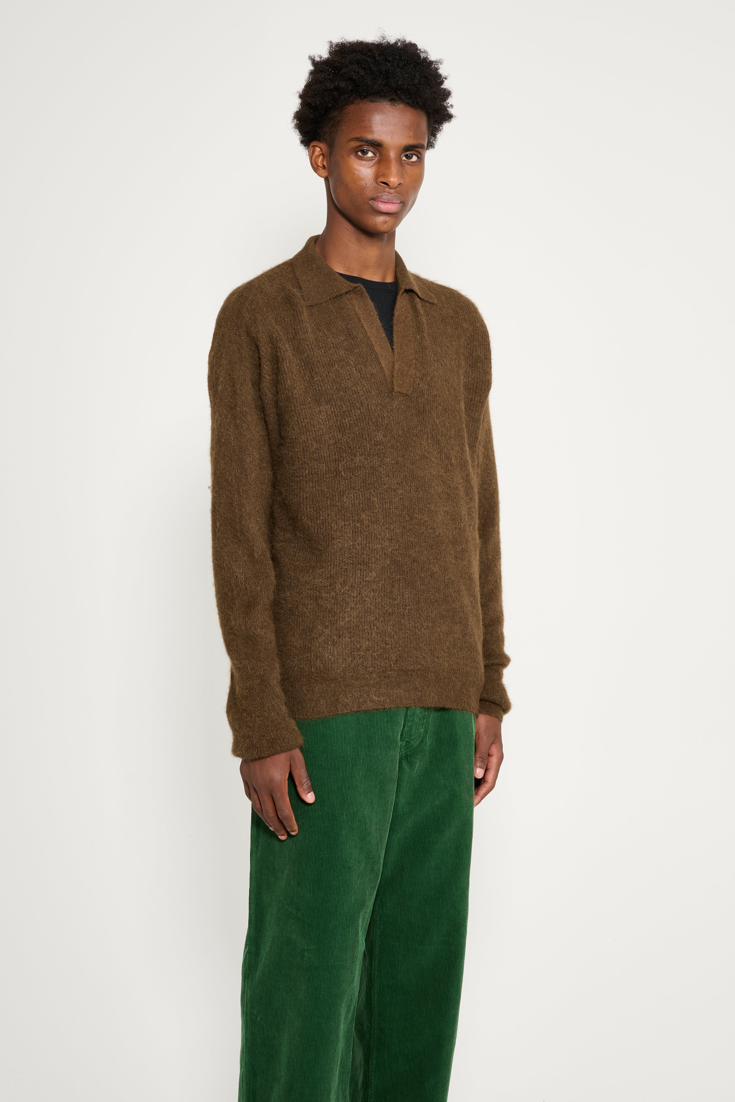 Auralee Baby Suri Alpaca Sheer Knit Skipper Polo Dark Brown