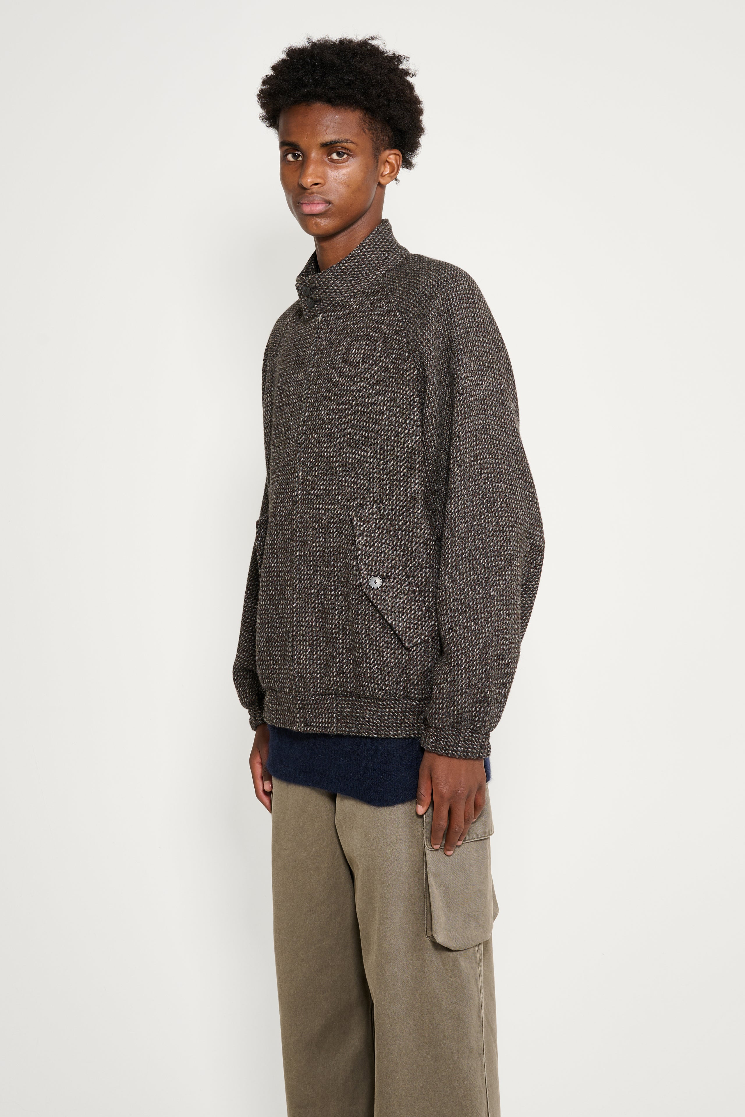 Auralee Alpaca Wool Silk Tweed Zip Blouson Gray Brown Hairline