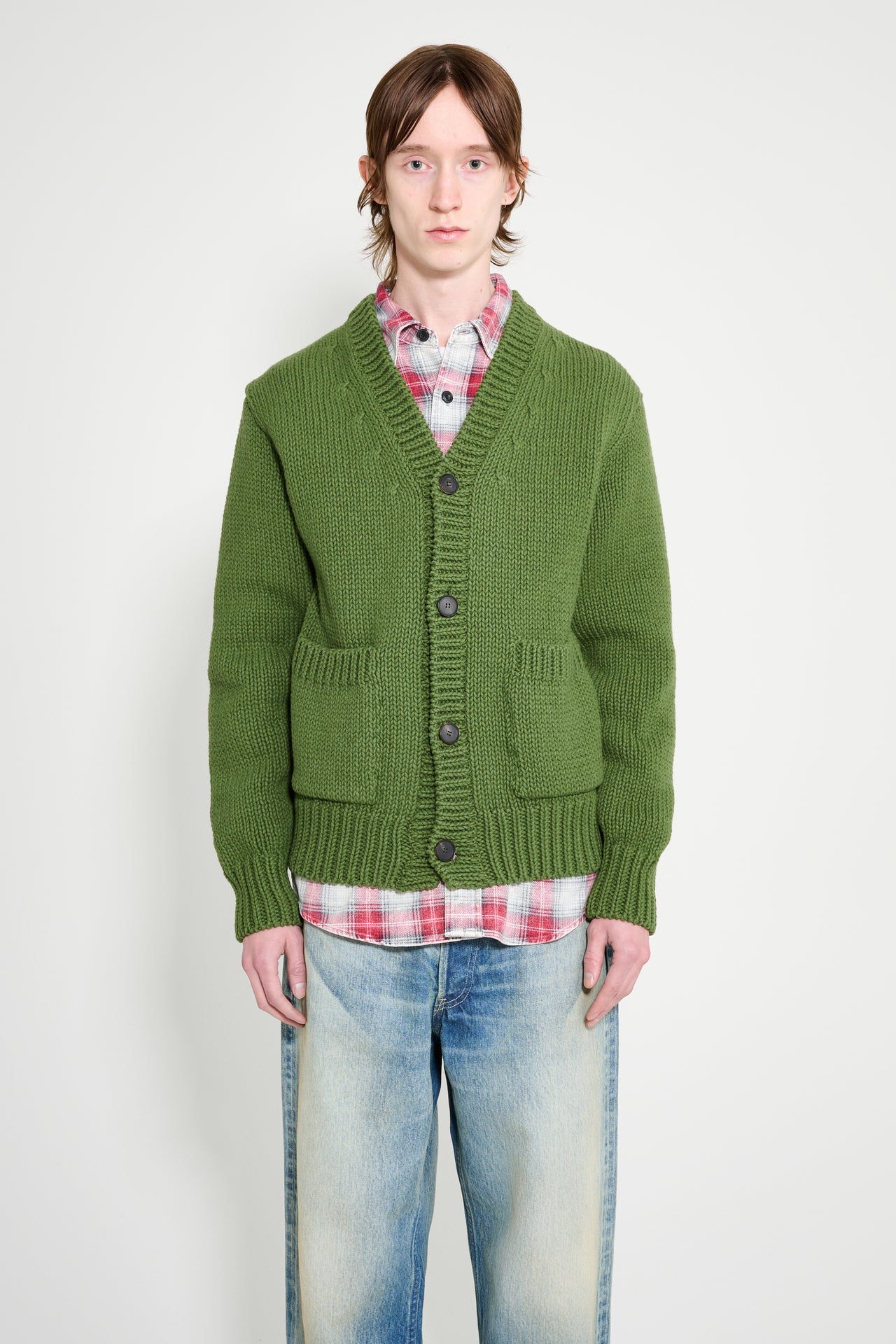 Auralee Wool Cashmere Felted Knit Cardigan Olive