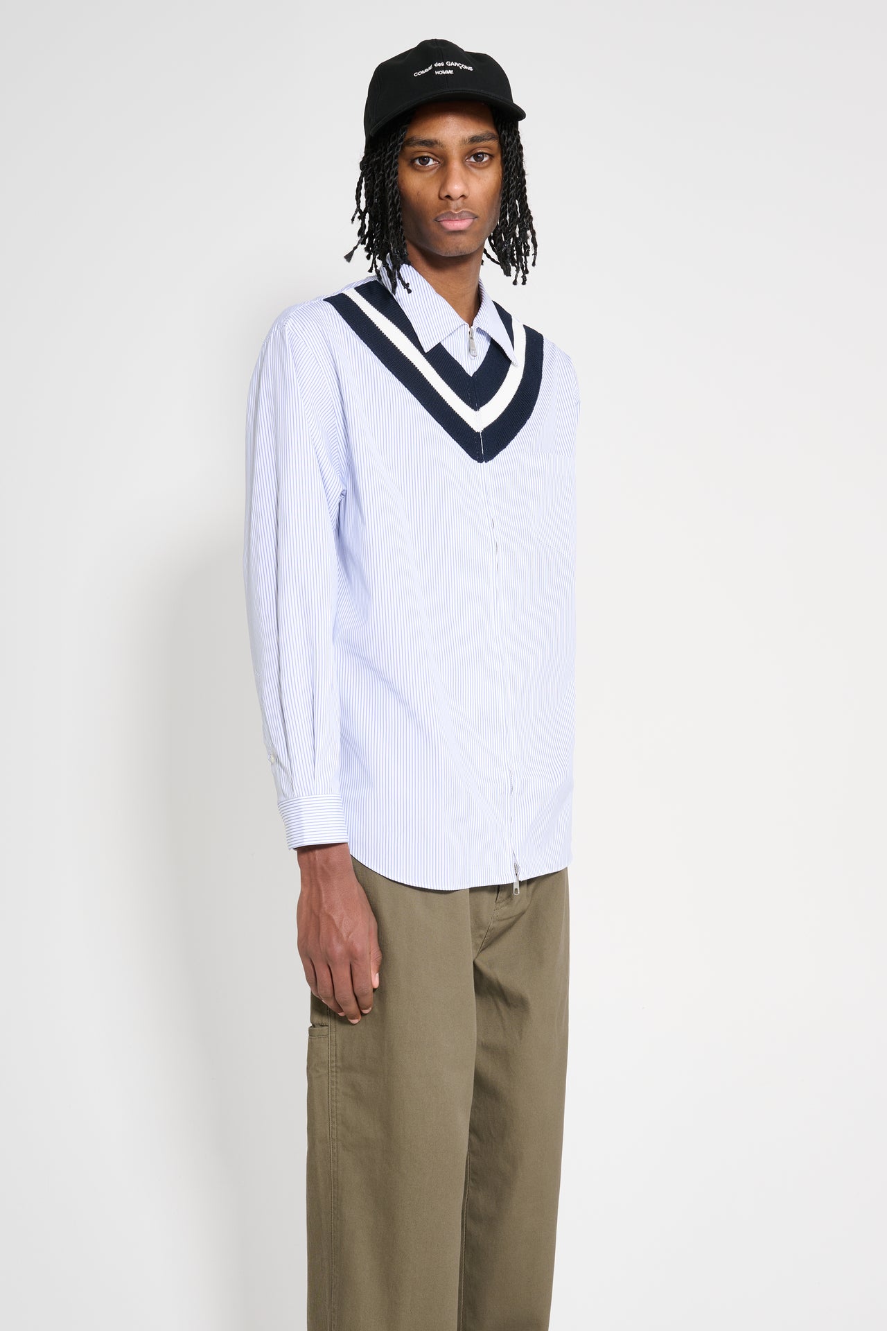 Comme des Garçons Homme Cotton Stripe Zip Shirt White / Navy