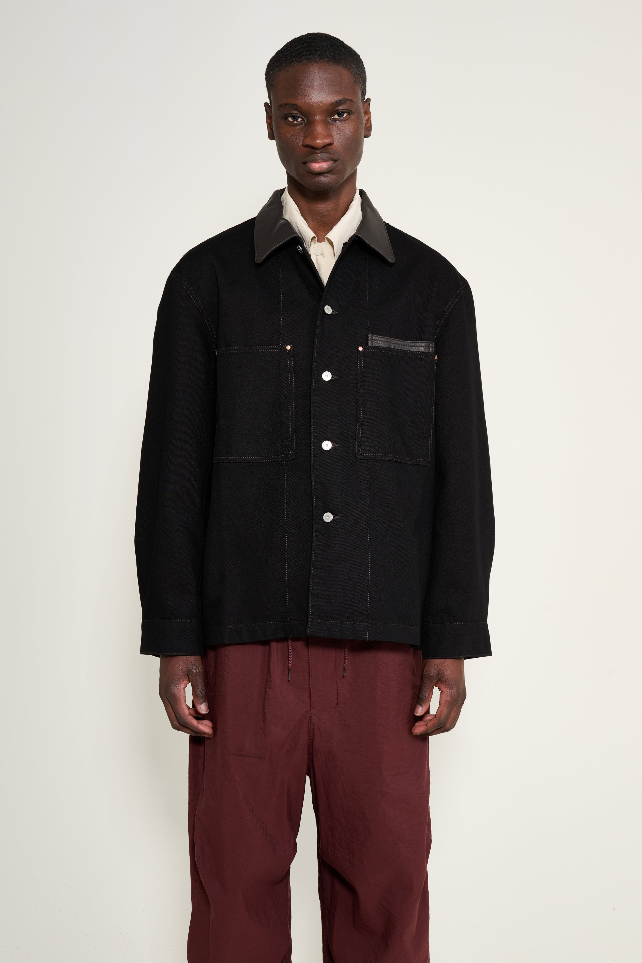 Lemaire Workwear Overshirt Jacket With Leather Collar Black
