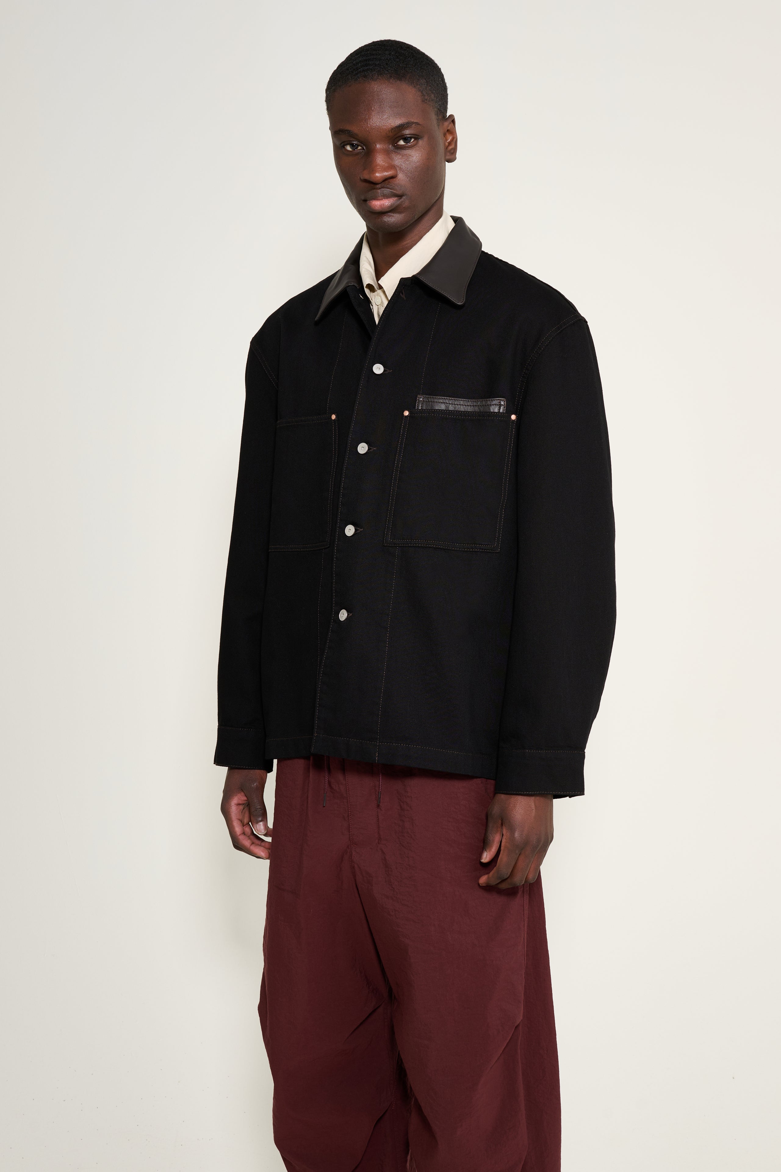 Lemaire Workwear Overshirt Jacket With Leather Collar Black