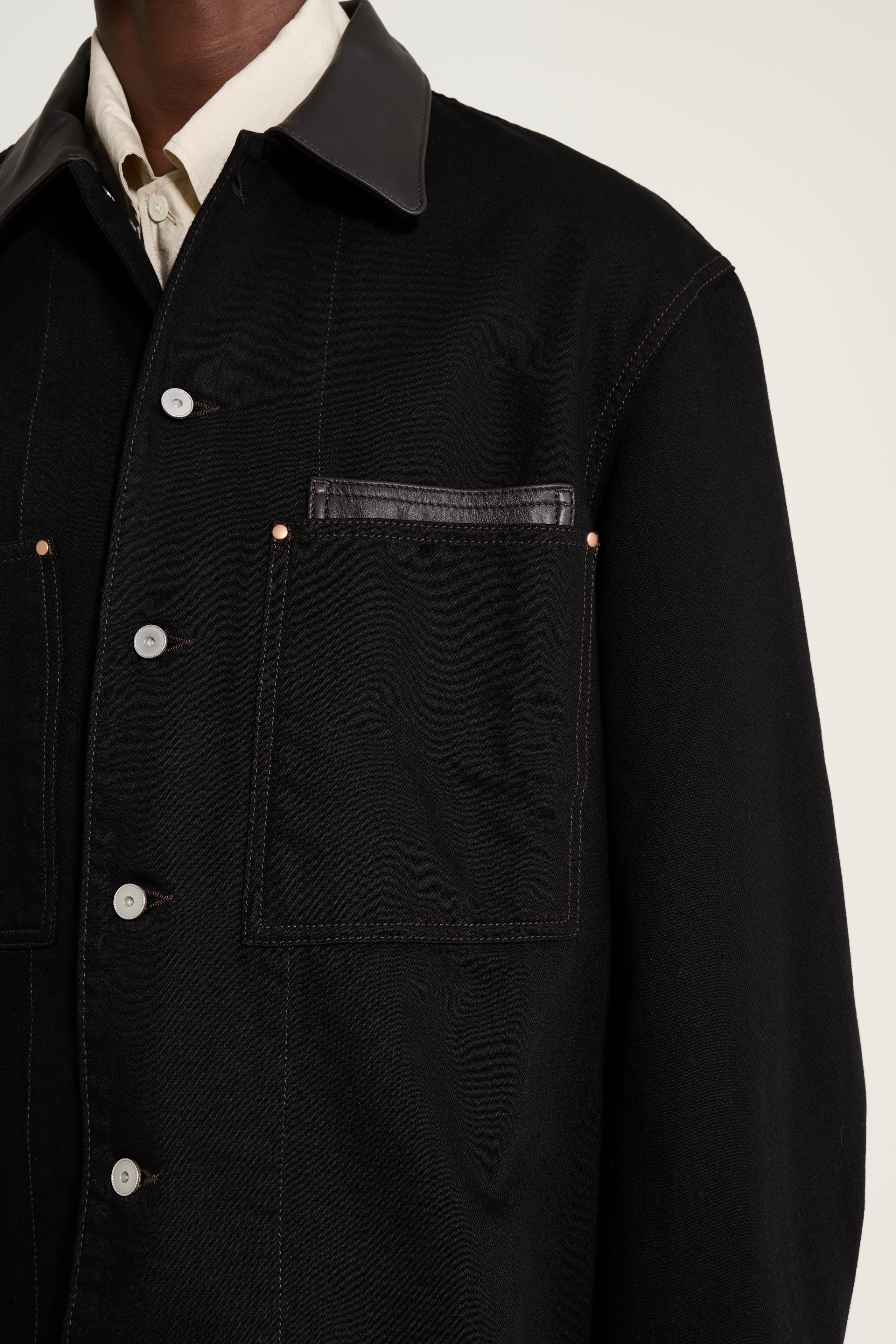 Lemaire Workwear Overshirt Jacket With Leather Collar Black
