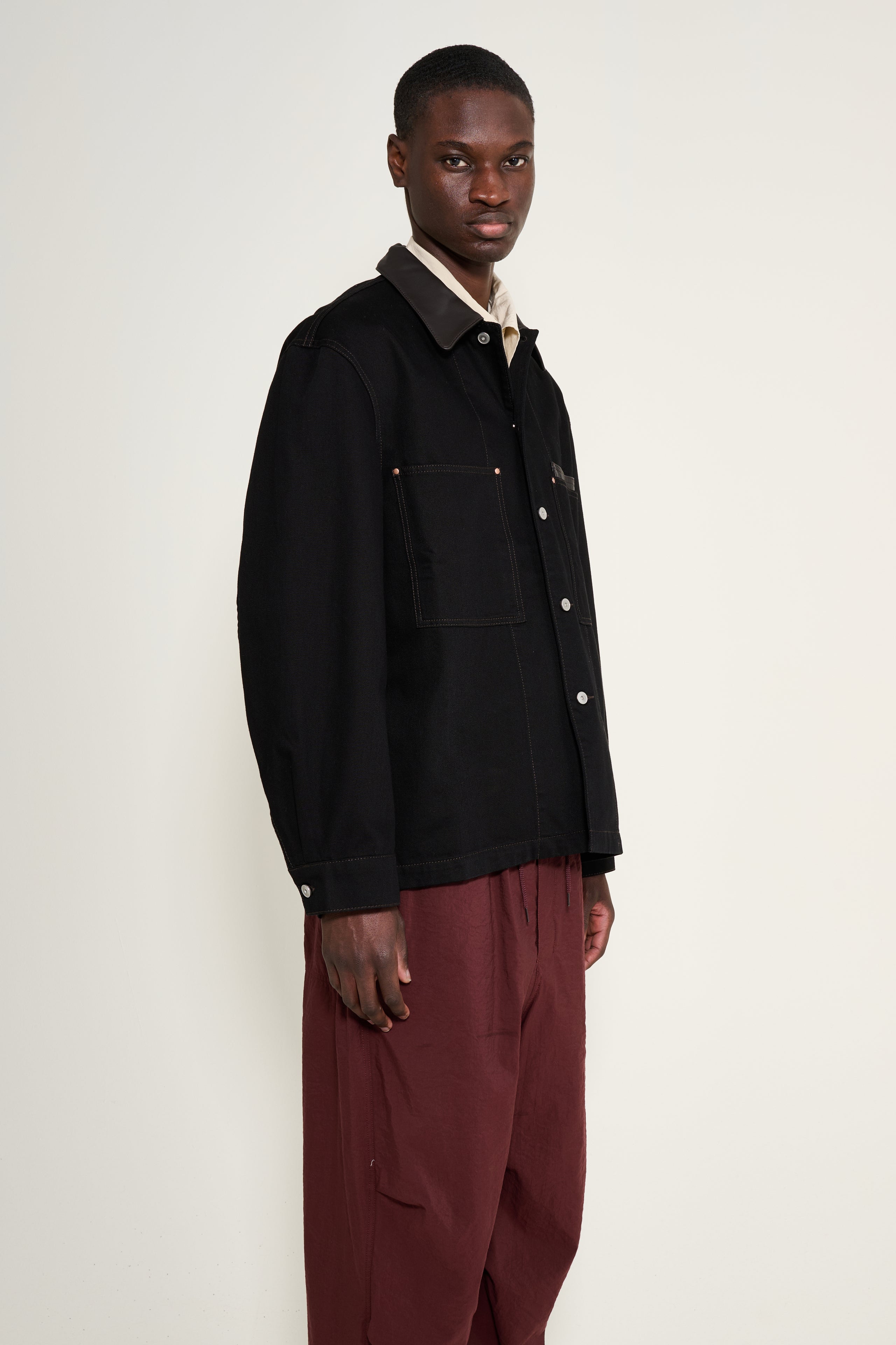 Lemaire Workwear Overshirt Jacket With Leather Collar Black