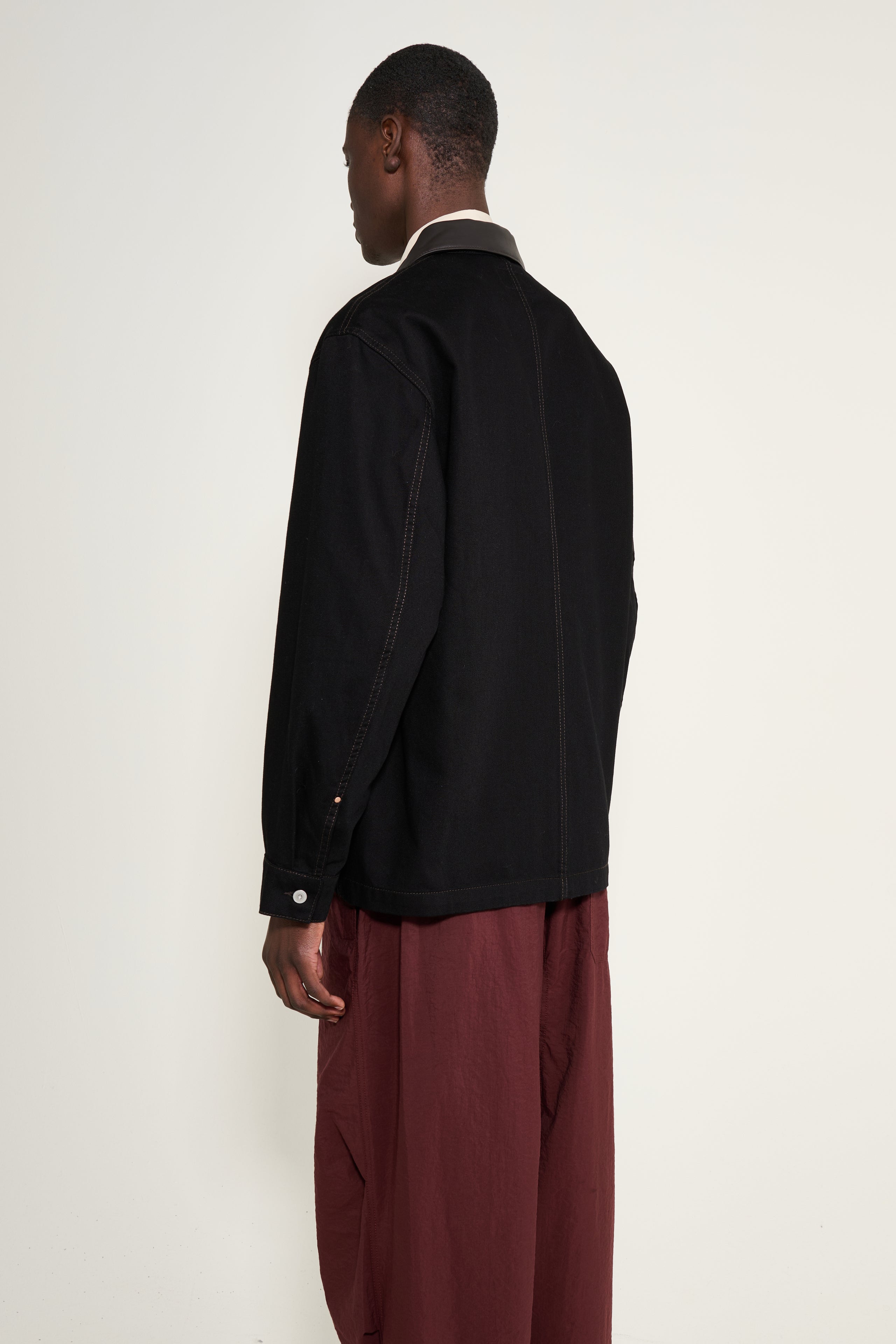 Lemaire Workwear Overshirt Jacket With Leather Collar Black