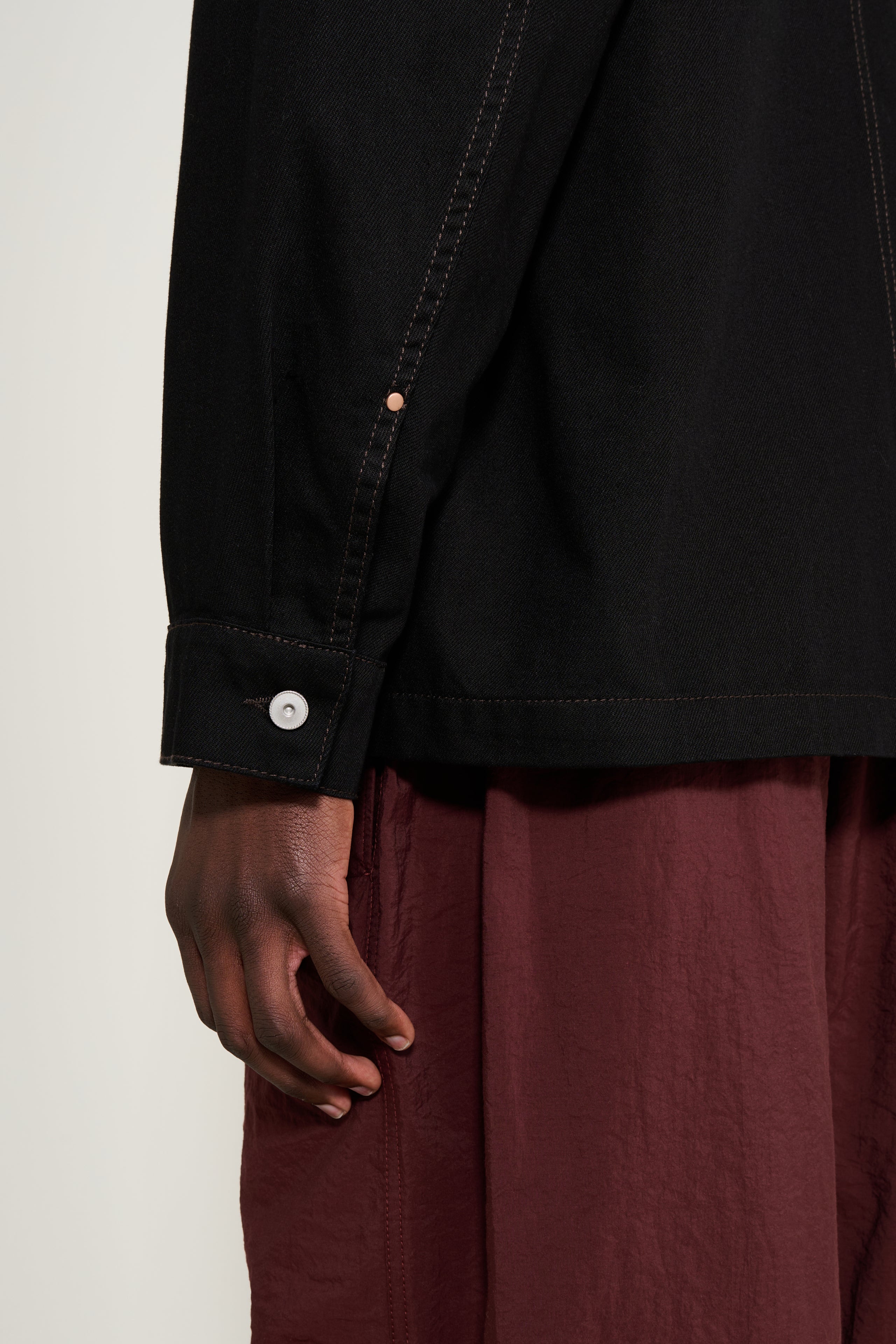 Lemaire Workwear Overshirt Jacket With Leather Collar Black