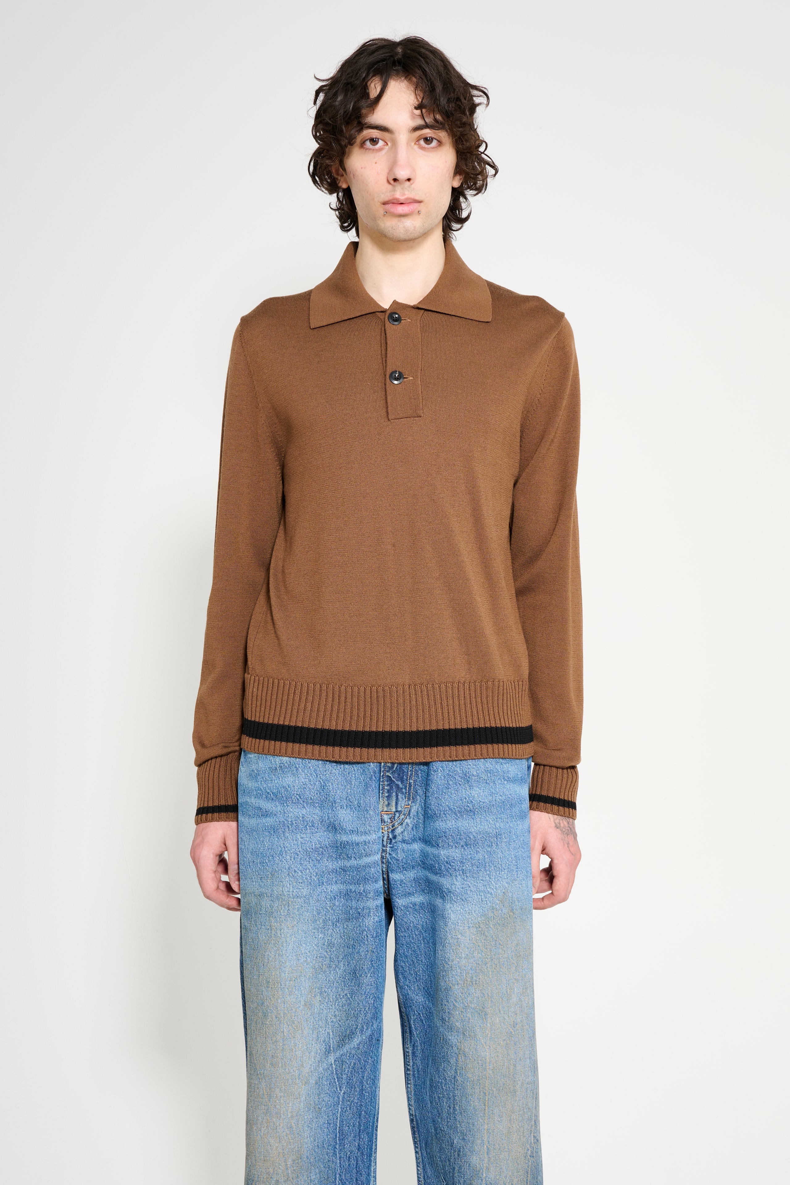 Margaret Howell Heavy Trim Polo Extrafine Merino Wool Tobacco / Black