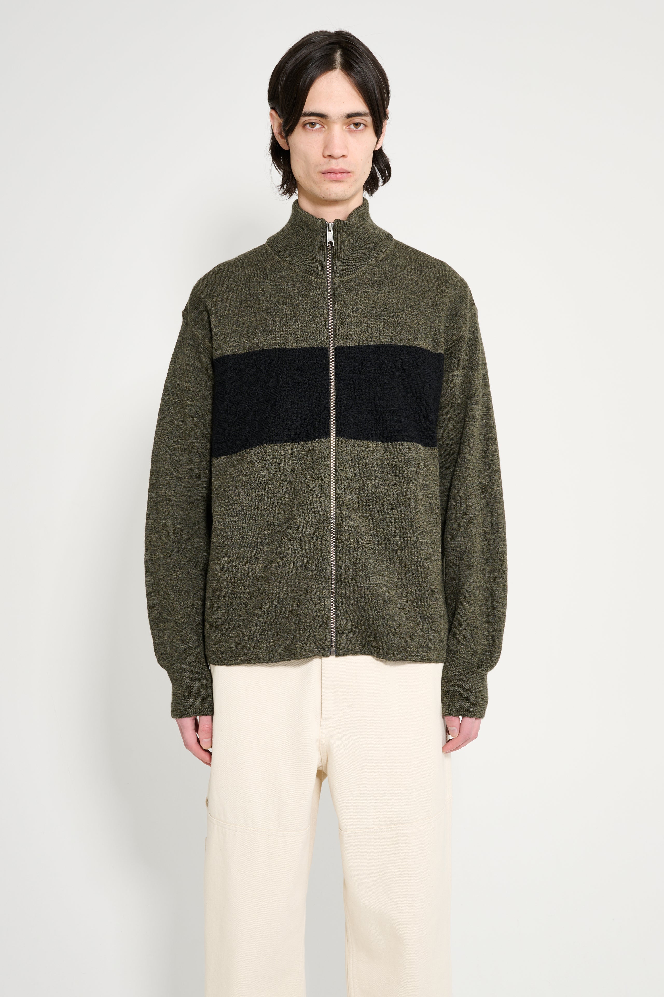 Margaret Howell MHL Stripe Zip Through Dry Wool Olive / Black