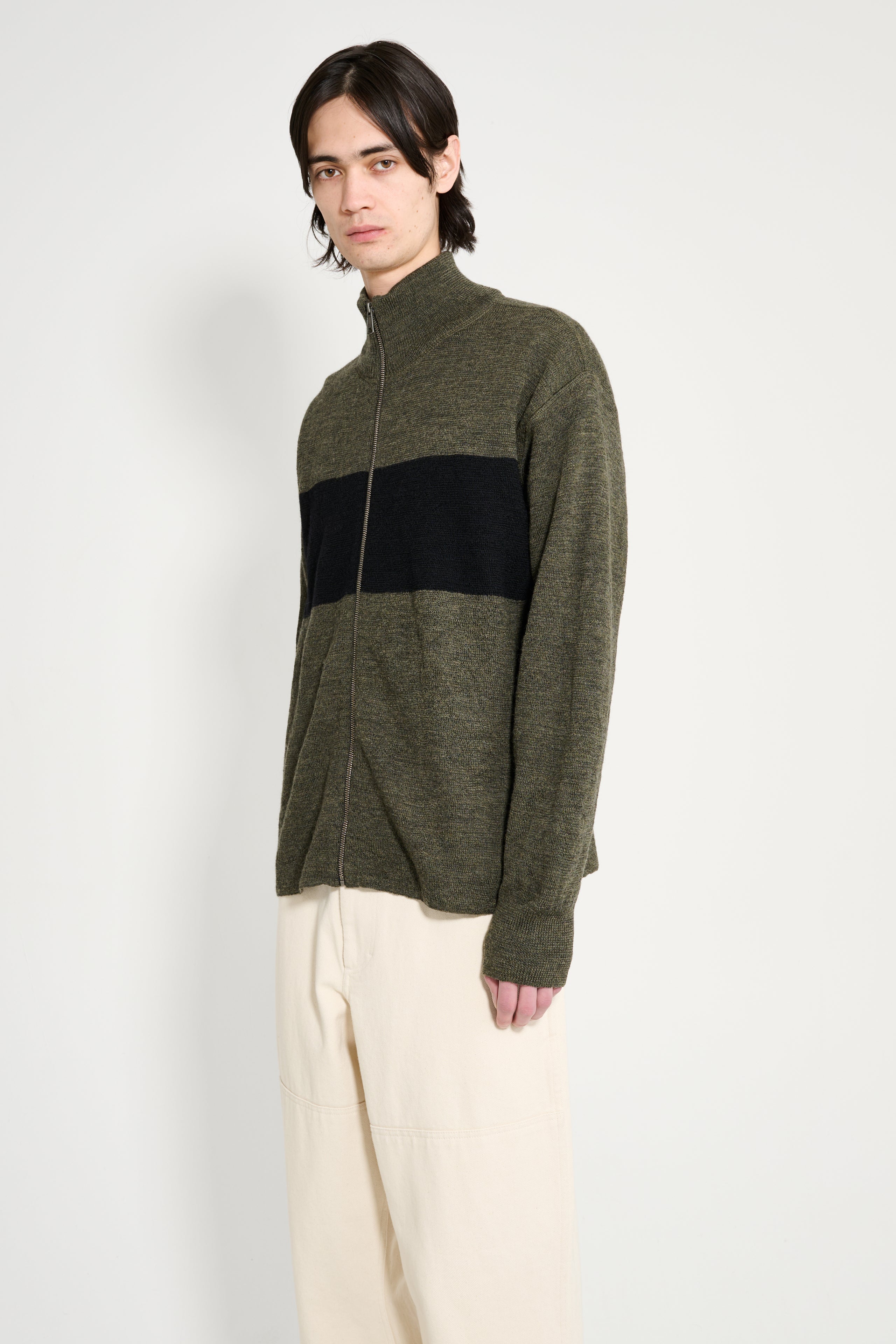 Margaret Howell MHL Stripe Zip Through Dry Wool Olive / Black