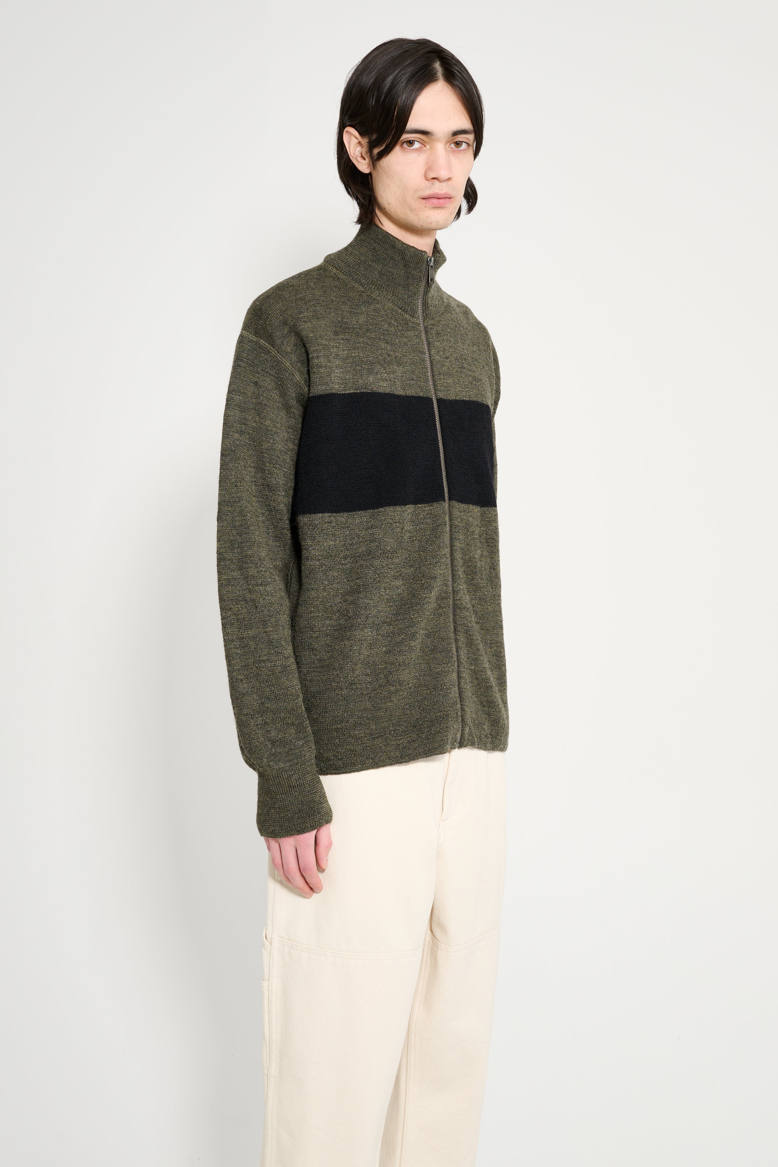 Margaret Howell MHL Stripe Zip Through Dry Wool Olive / Black