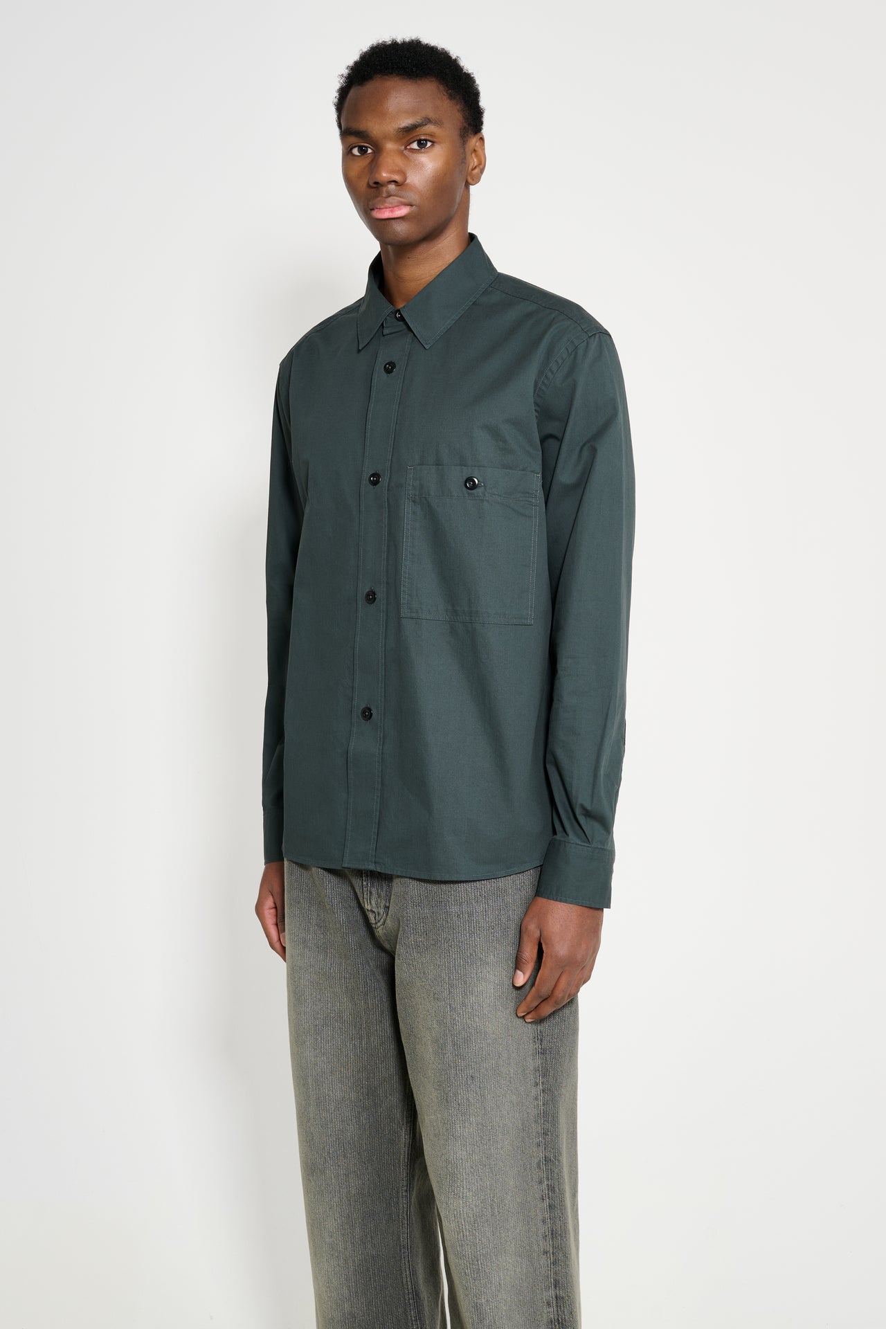 Margaret Howell MHL Overall Shirt Lightweight Brushed Cotton Algae