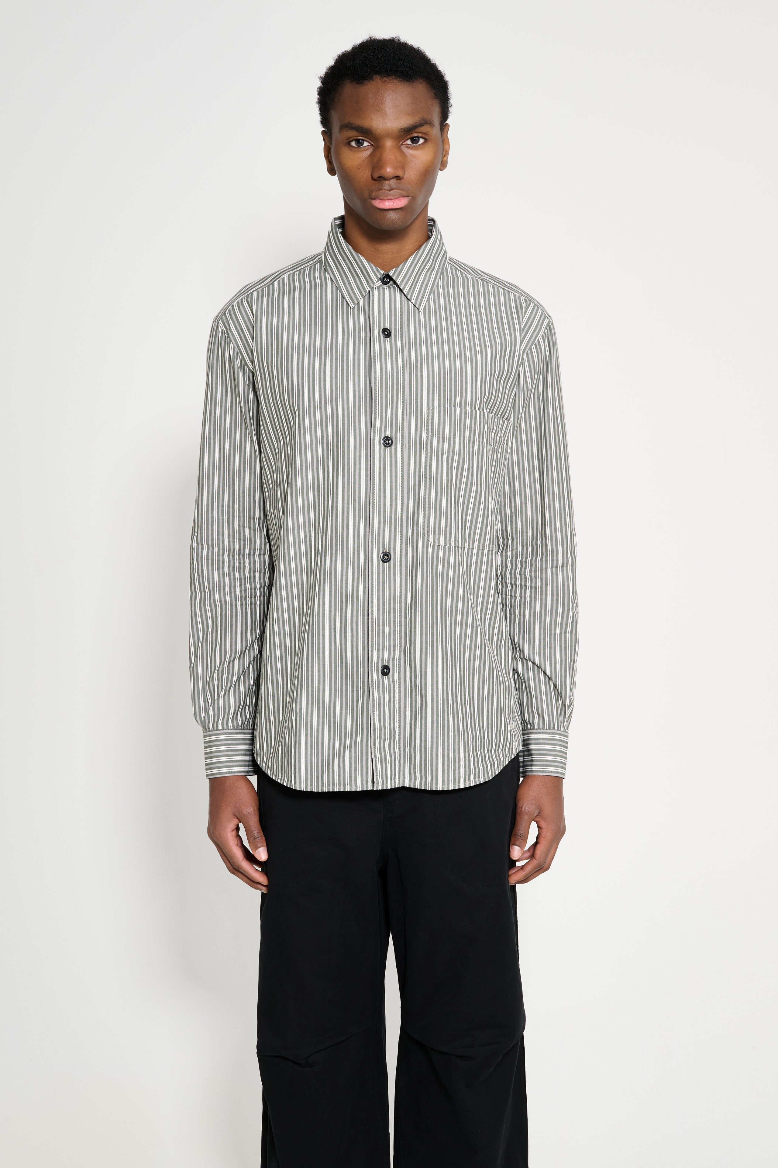 Margaret Howell MHL Basic Shirt Two Tone Cotton Stripe Forest / Grey