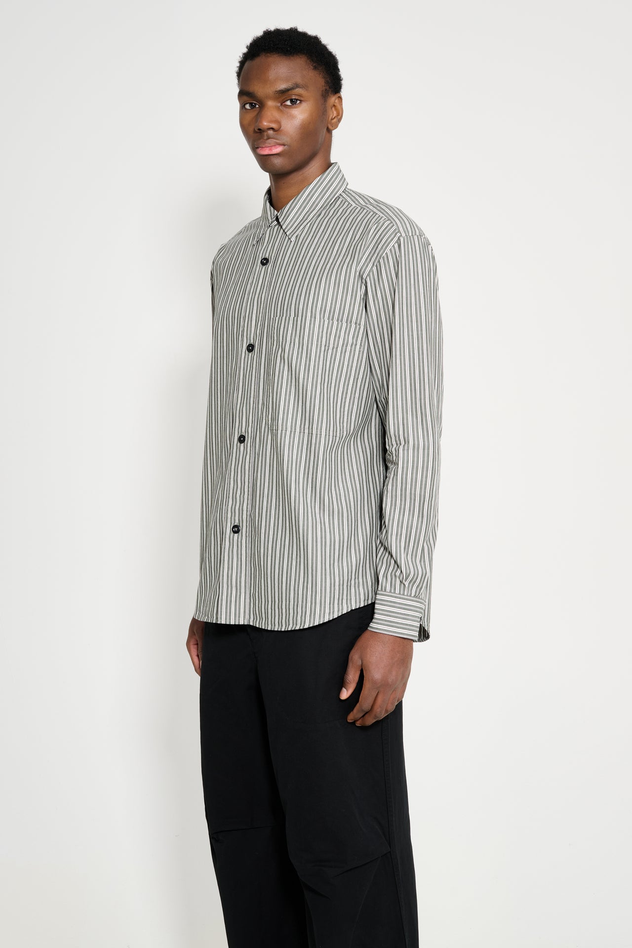 Margaret Howell MHL Basic Shirt Two Tone Cotton Stripe Forest / Grey