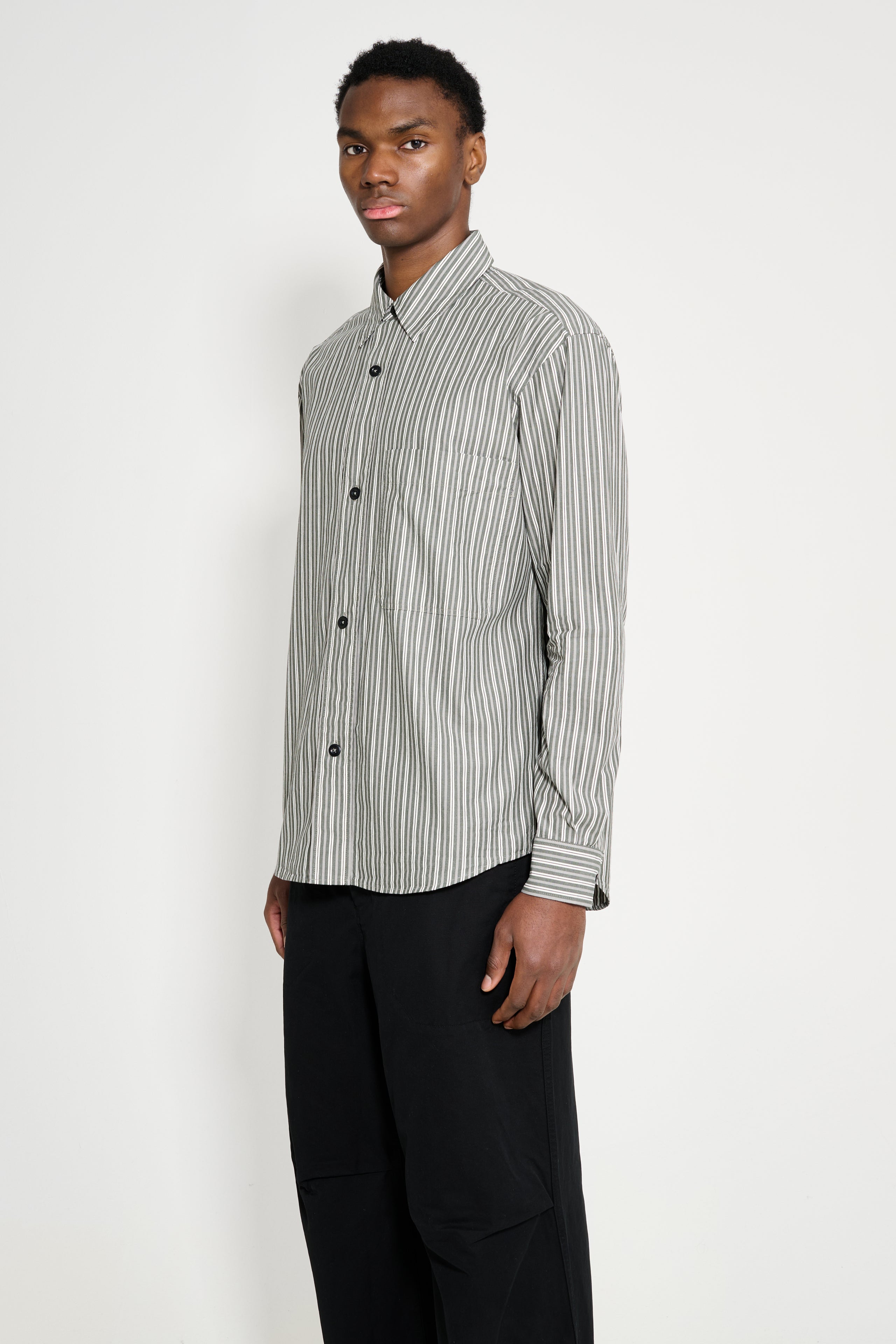 Margaret Howell MHL Basic Shirt Two Tone Cotton Stripe Forest / Grey
