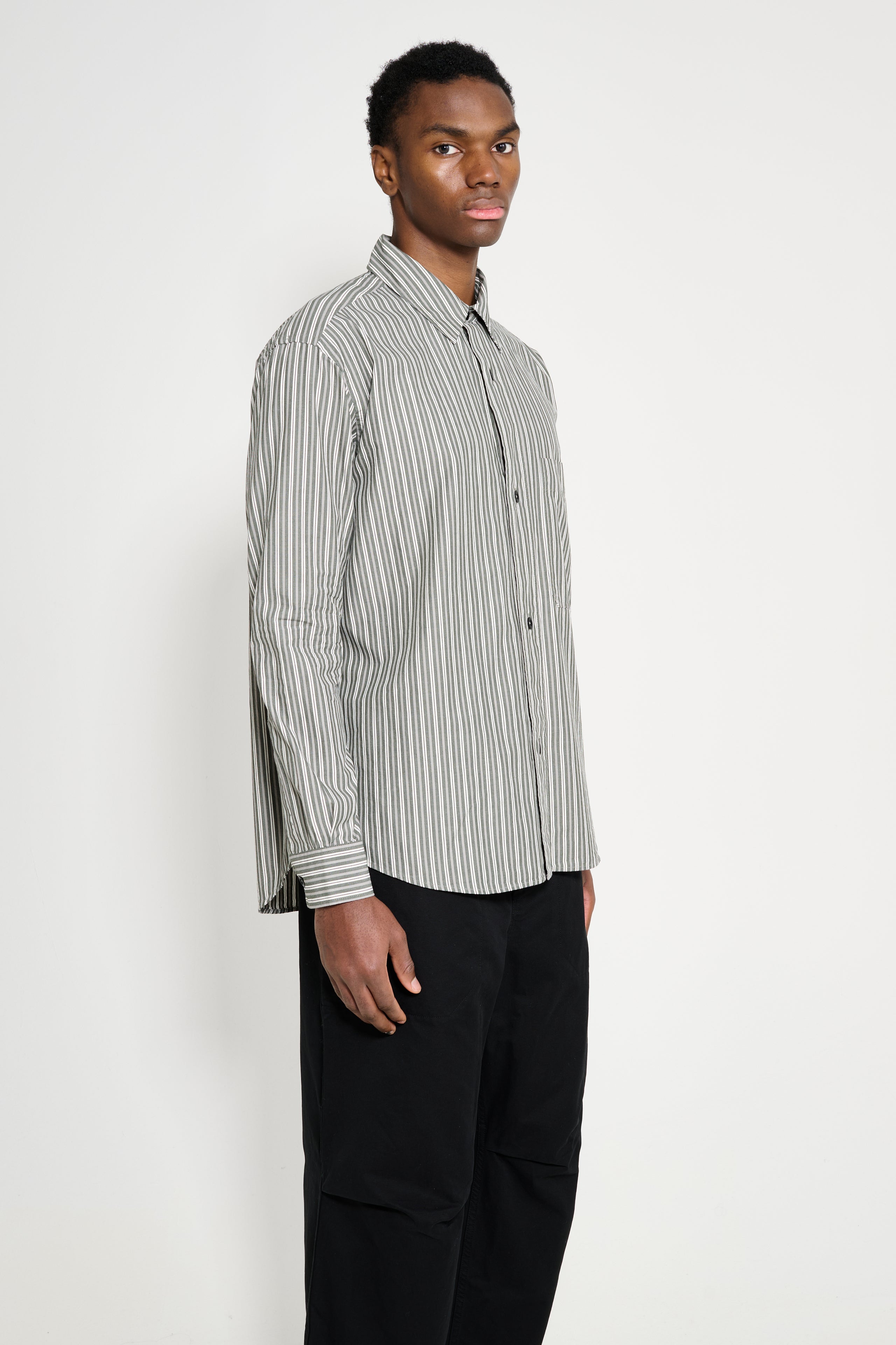 Margaret Howell MHL Basic Shirt Two Tone Cotton Stripe Forest / Grey