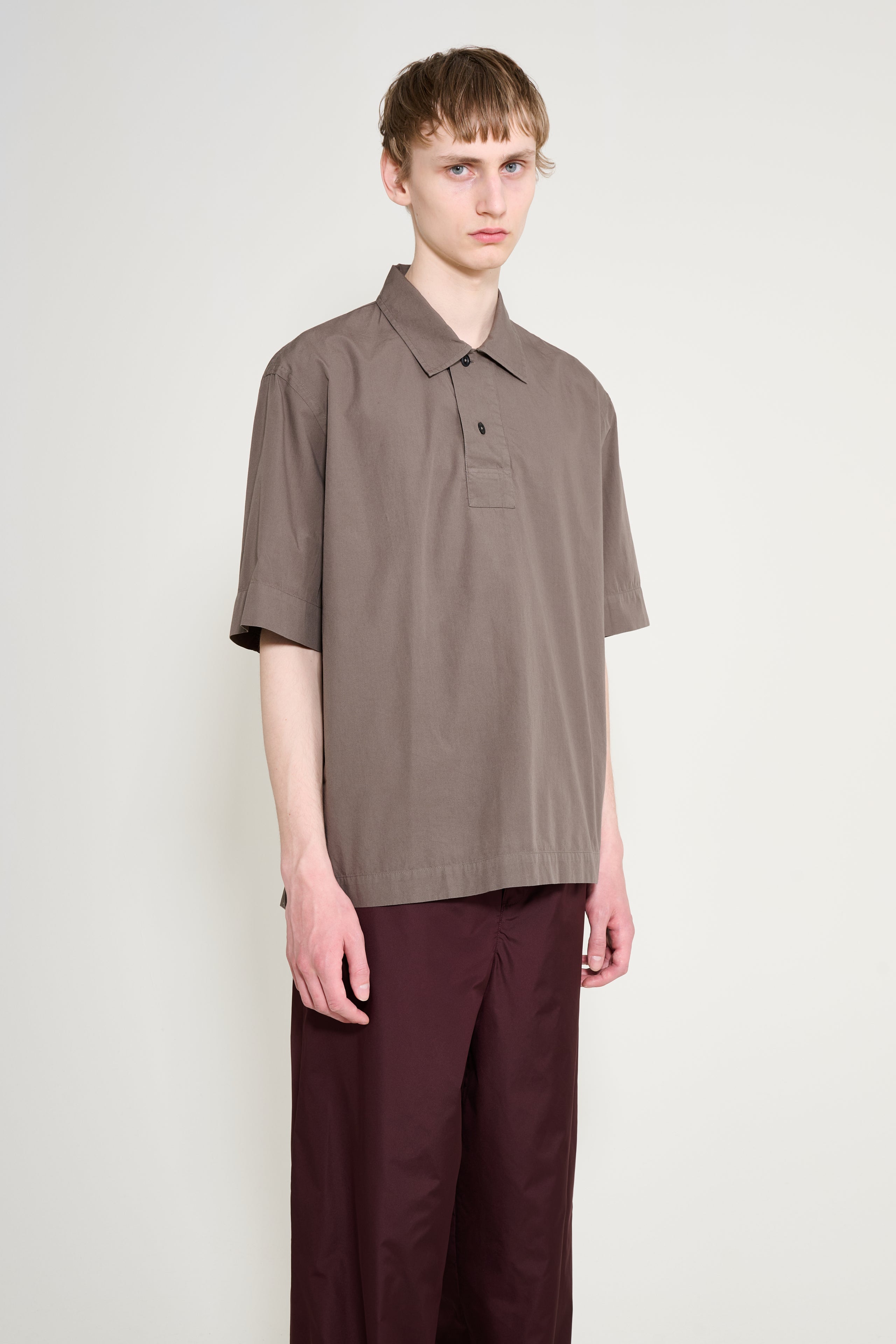 Margaret Howell MHL Offset Placket Polo Washed Cotton Poplin Mole