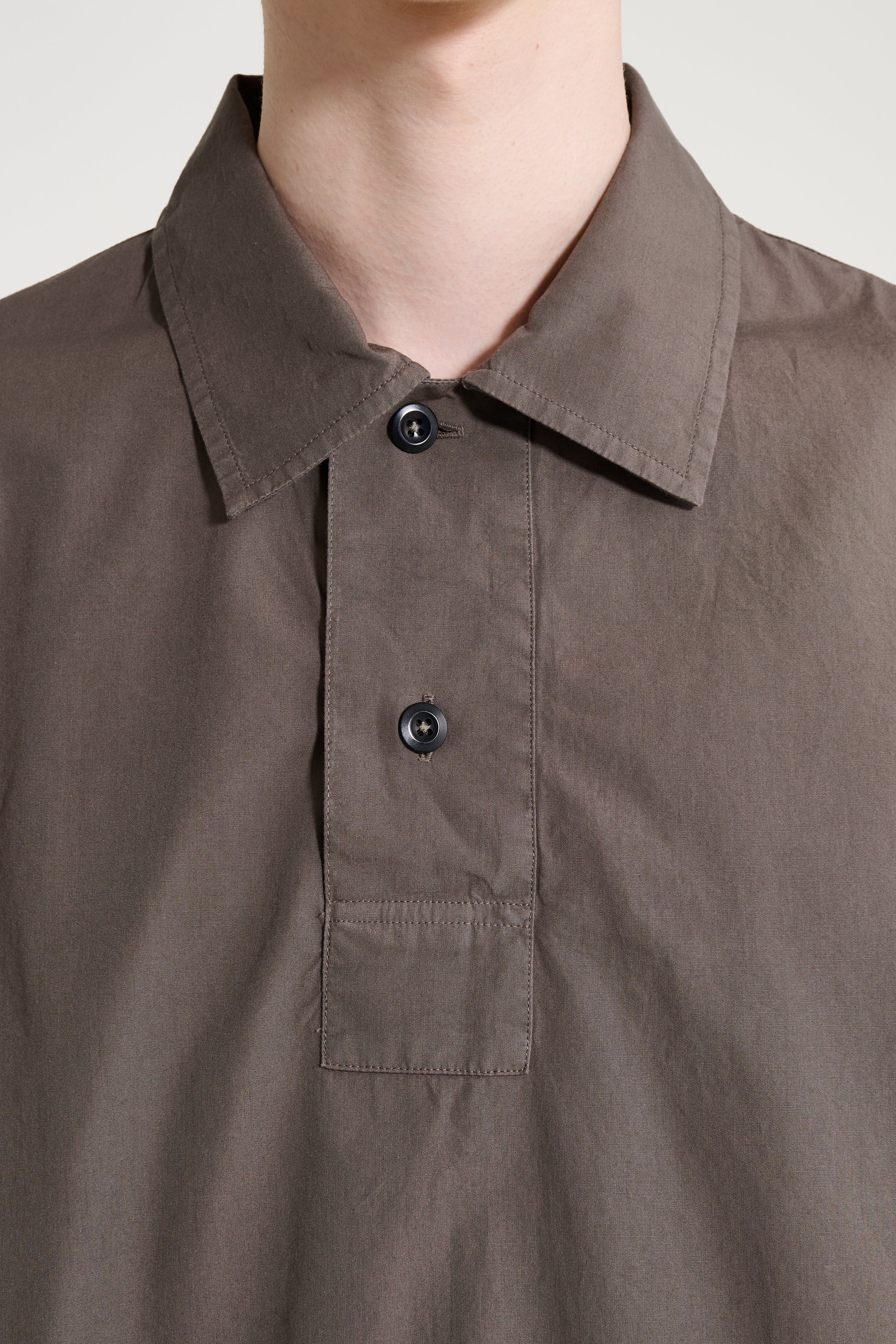 Margaret Howell MHL Offset Placket Polo Washed Cotton Poplin Mole