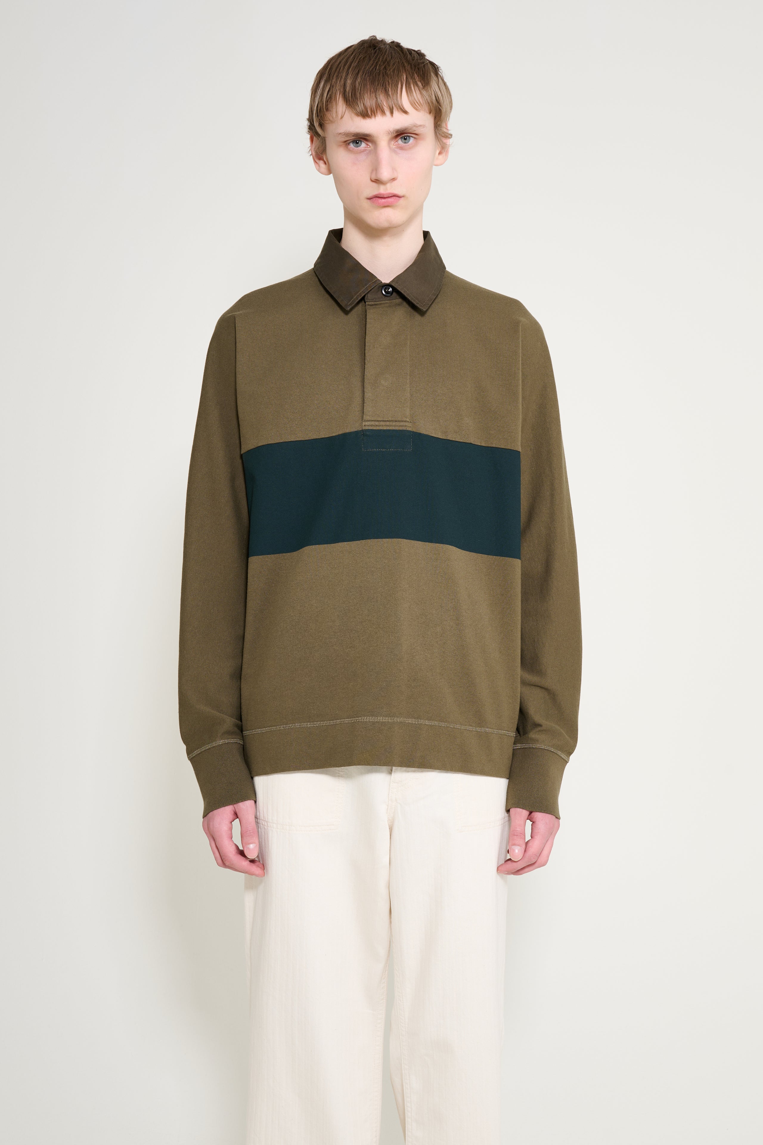 Margaret Howell MHL Rugby Shirt Matt Jersey Khaki Green / Black Green