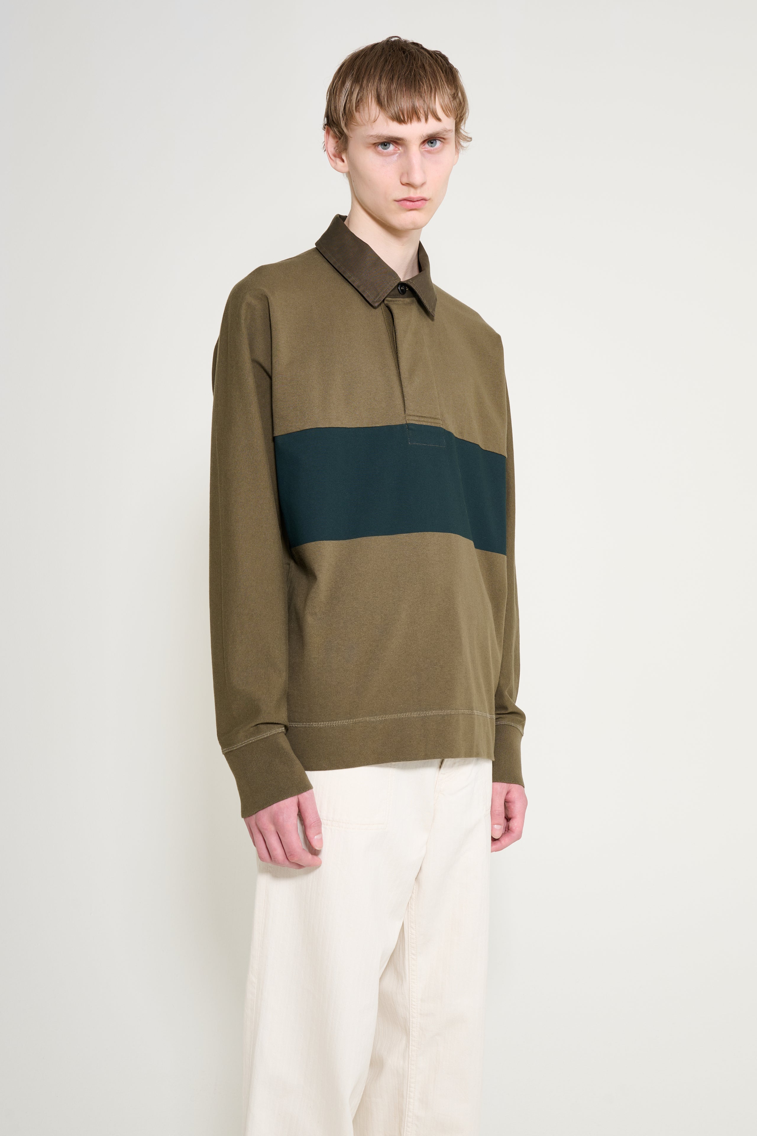Margaret Howell MHL Rugby Shirt Matt Jersey Khaki Green / Black Green