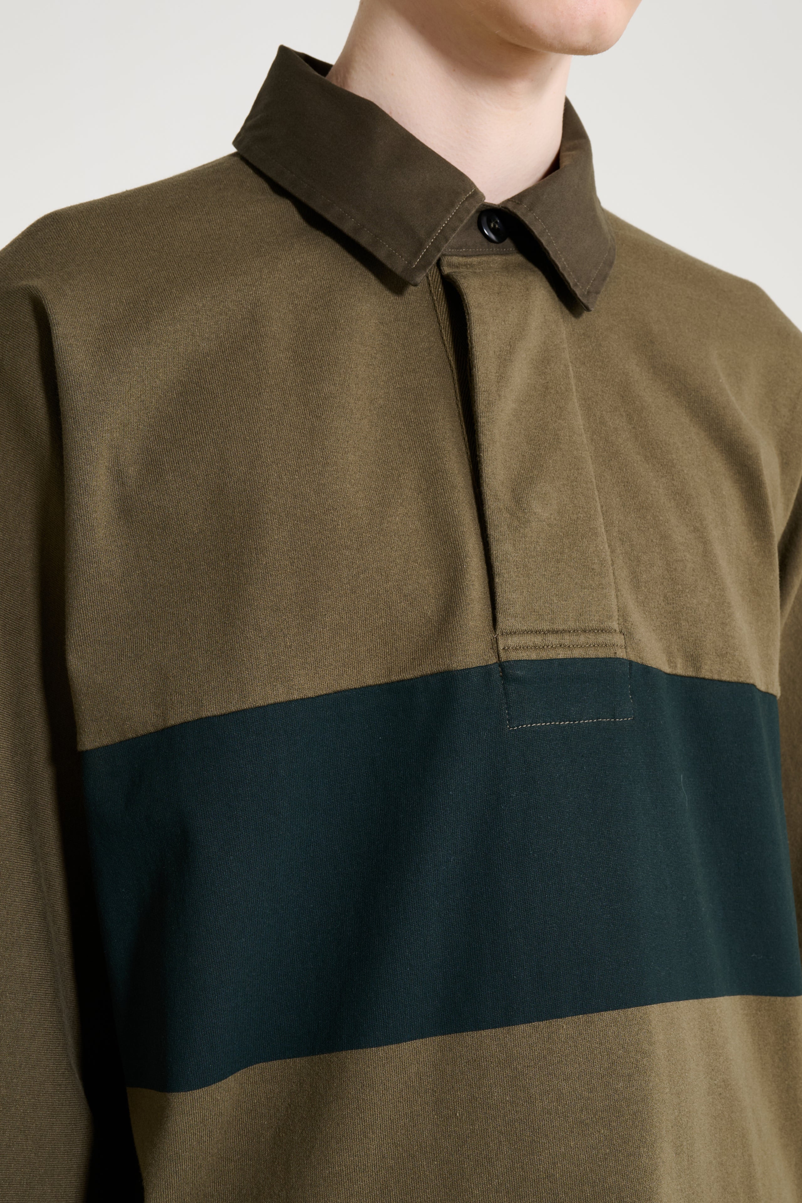 Margaret Howell MHL Rugby Shirt Matt Jersey Khaki Green / Black Green