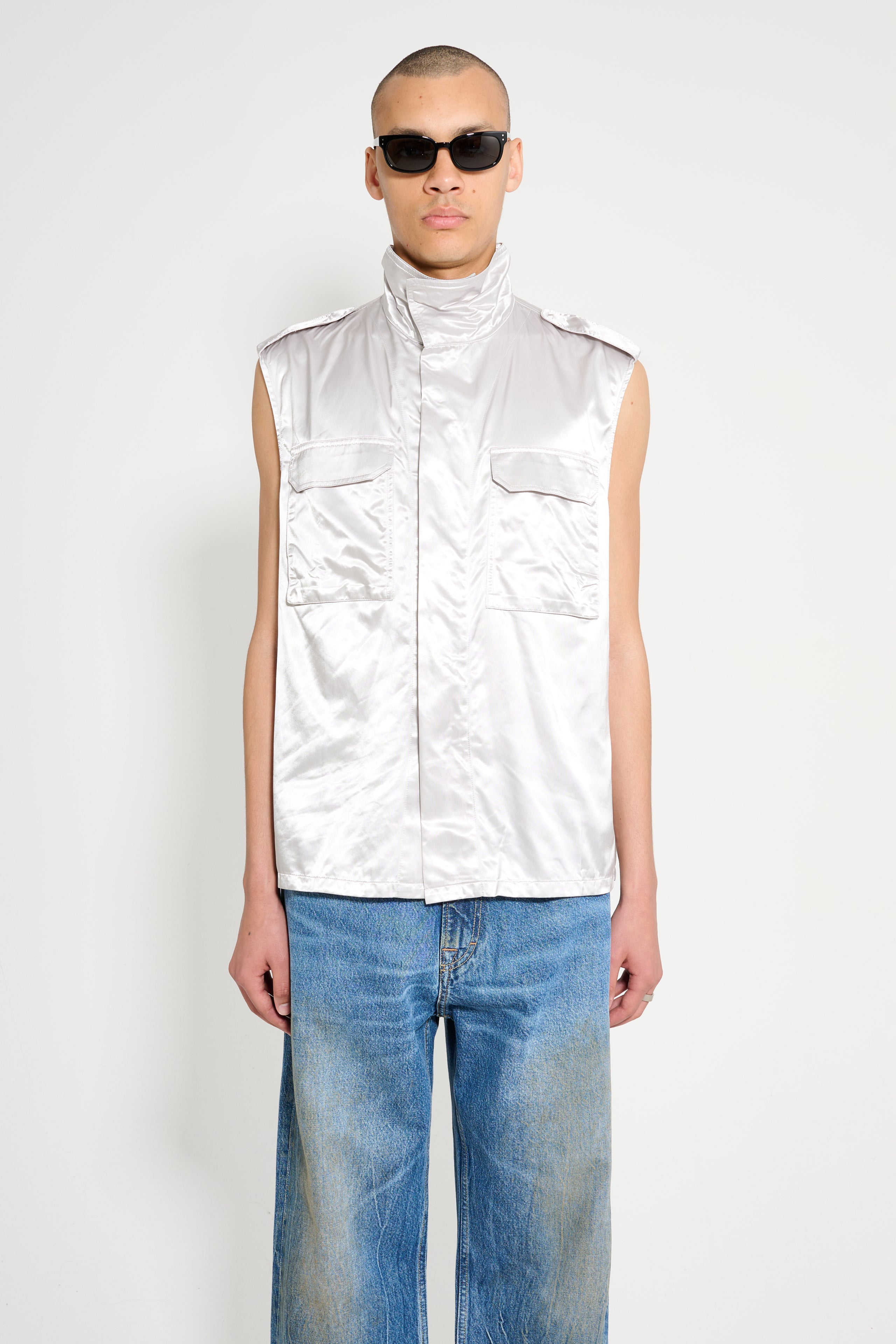 Olly Shinder Wet Look Nylon Sleeveless Overshirt Silver