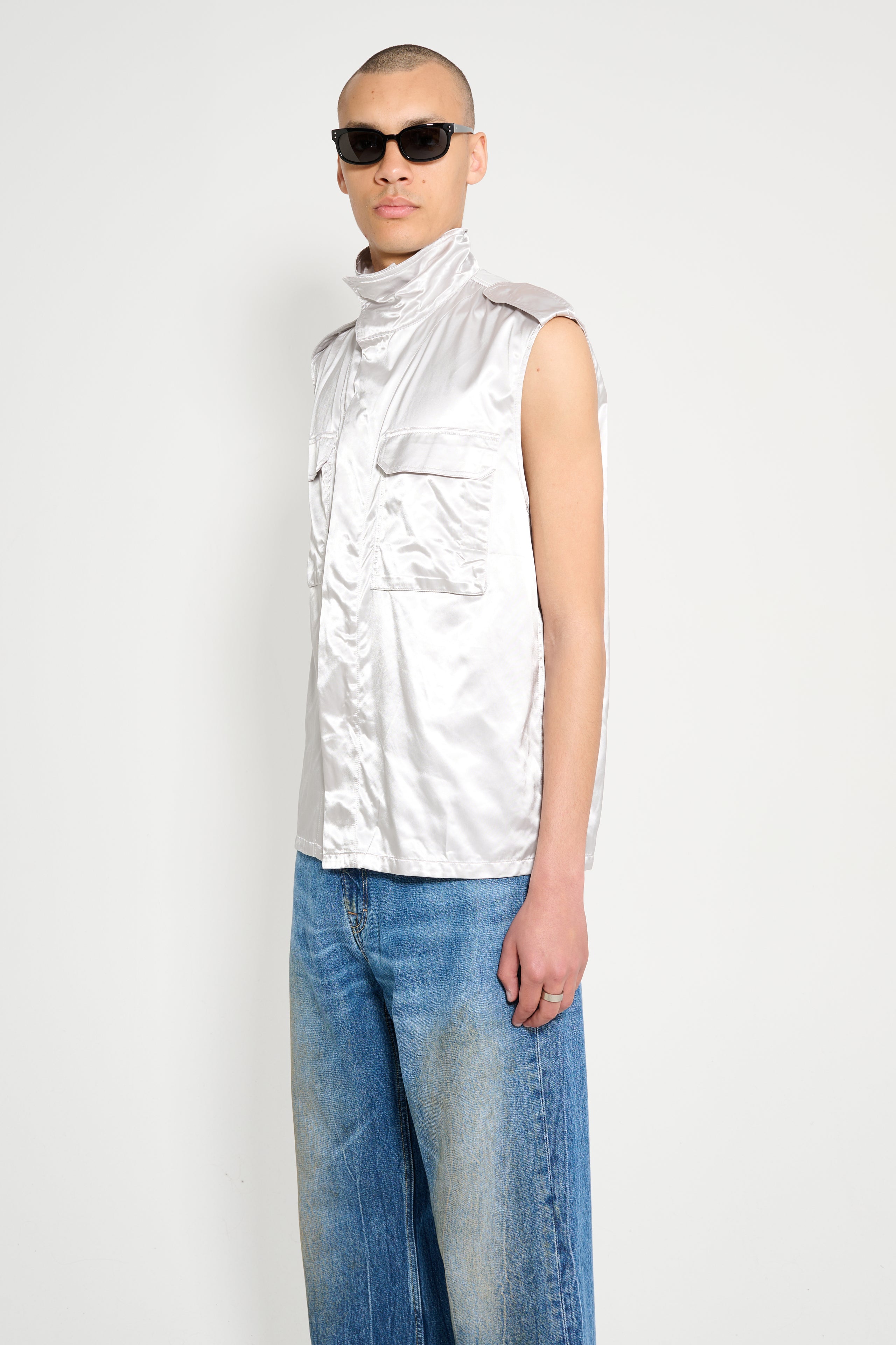 Olly Shinder Wet Look Nylon Sleeveless Overshirt Silver