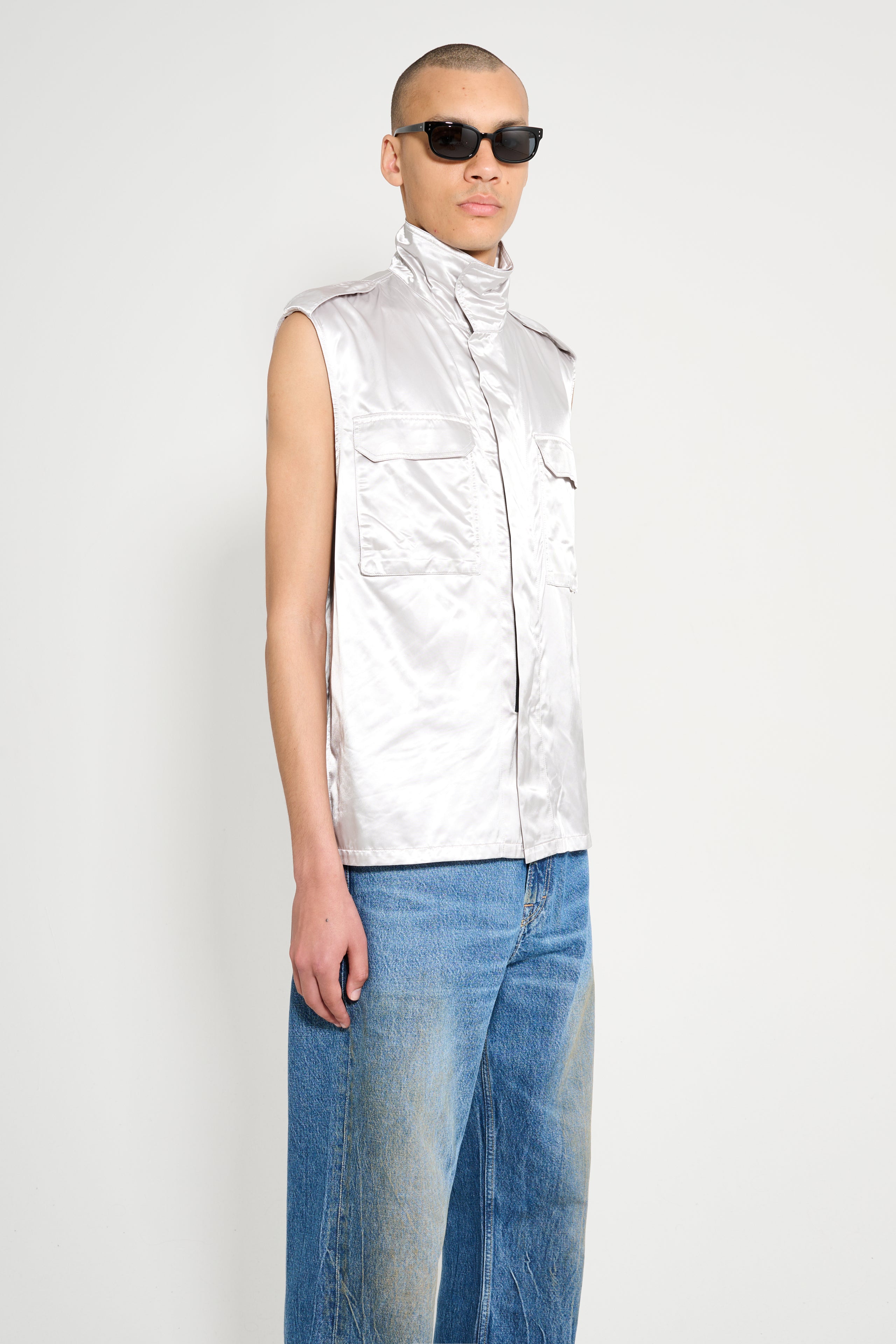 Olly Shinder Wet Look Nylon Sleeveless Overshirt Silver