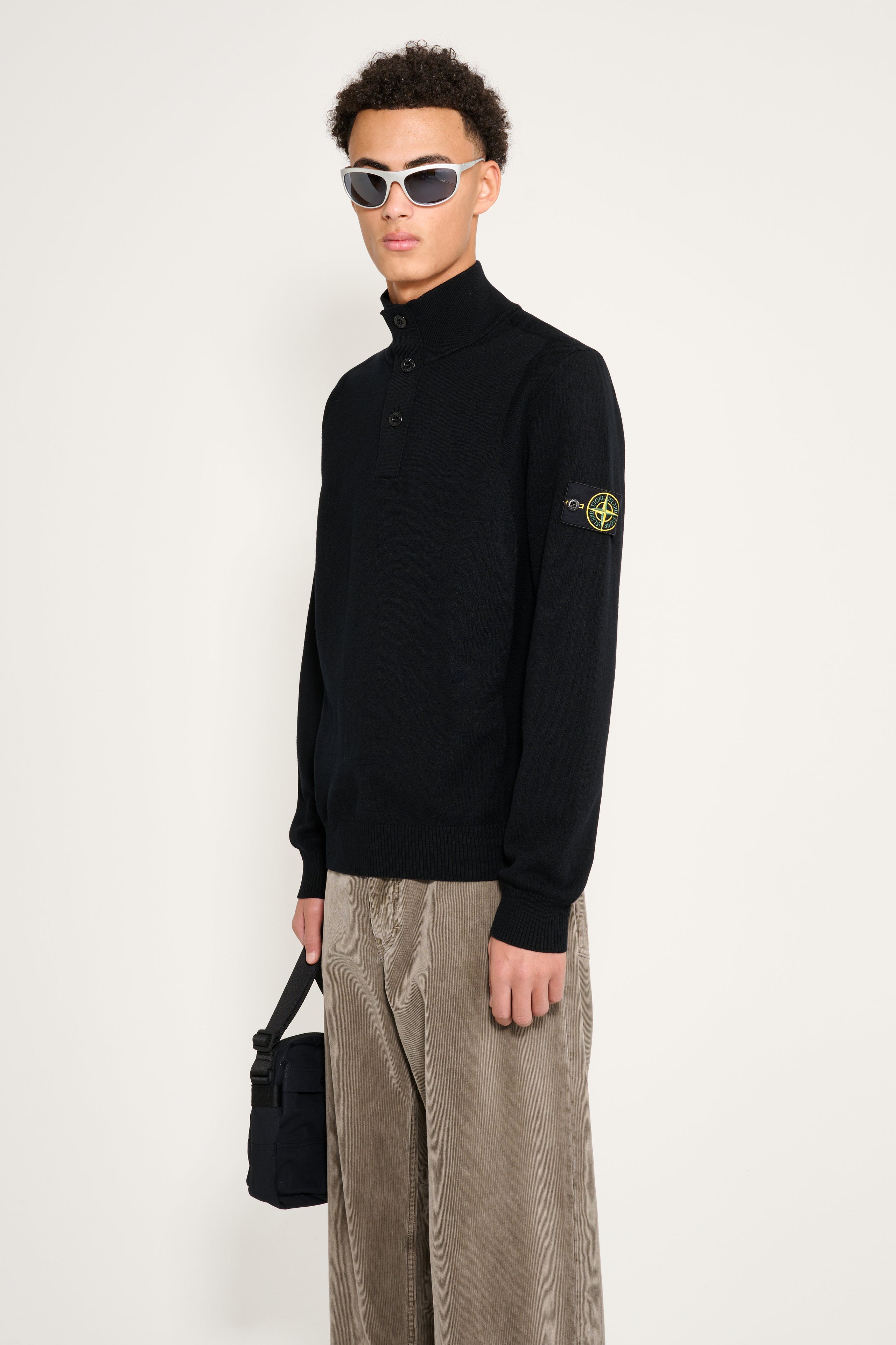 Stone Island Stretch RWS Wool Half Button Jumper Black