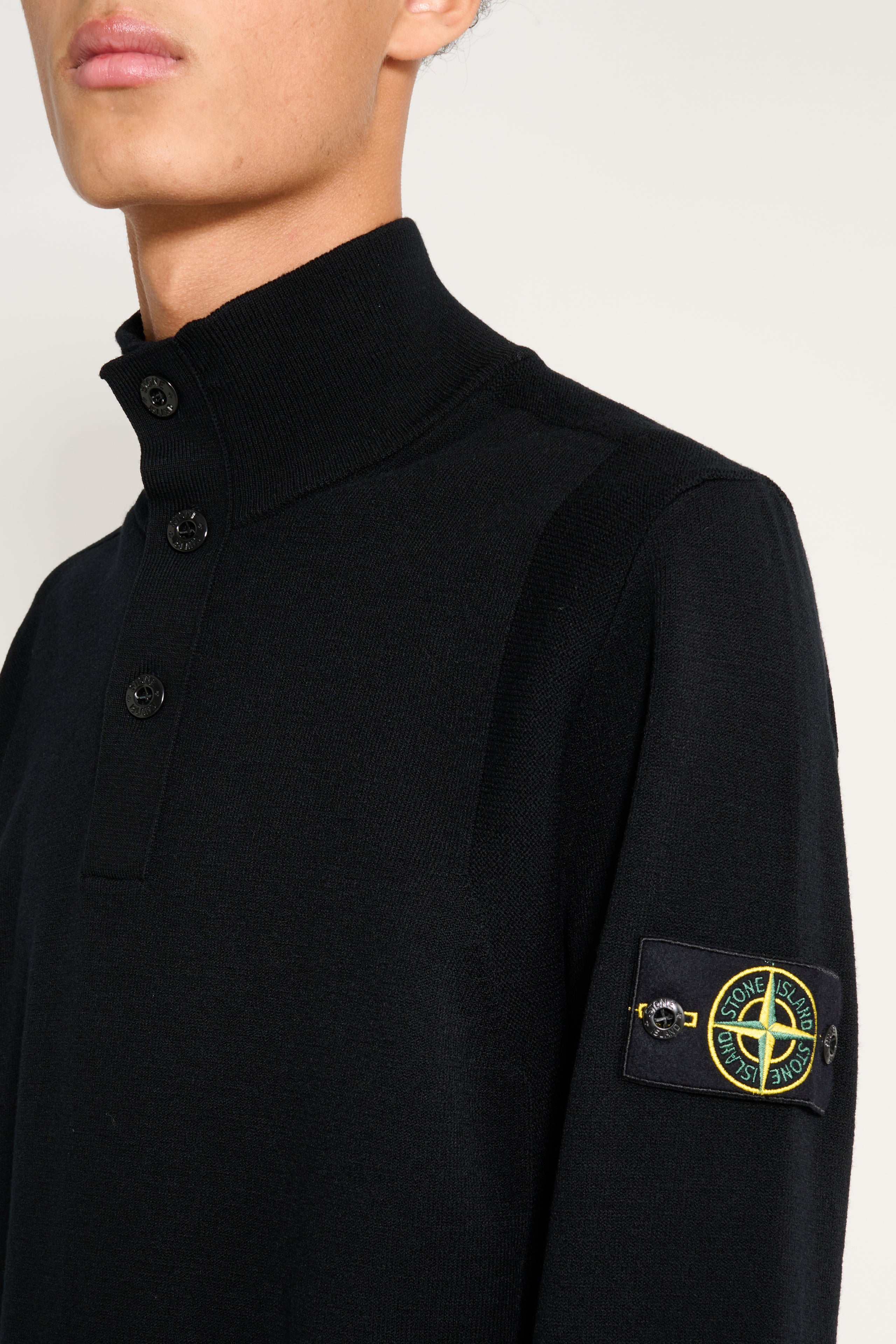 Stone Island Stretch RWS Wool Half Button Jumper Black