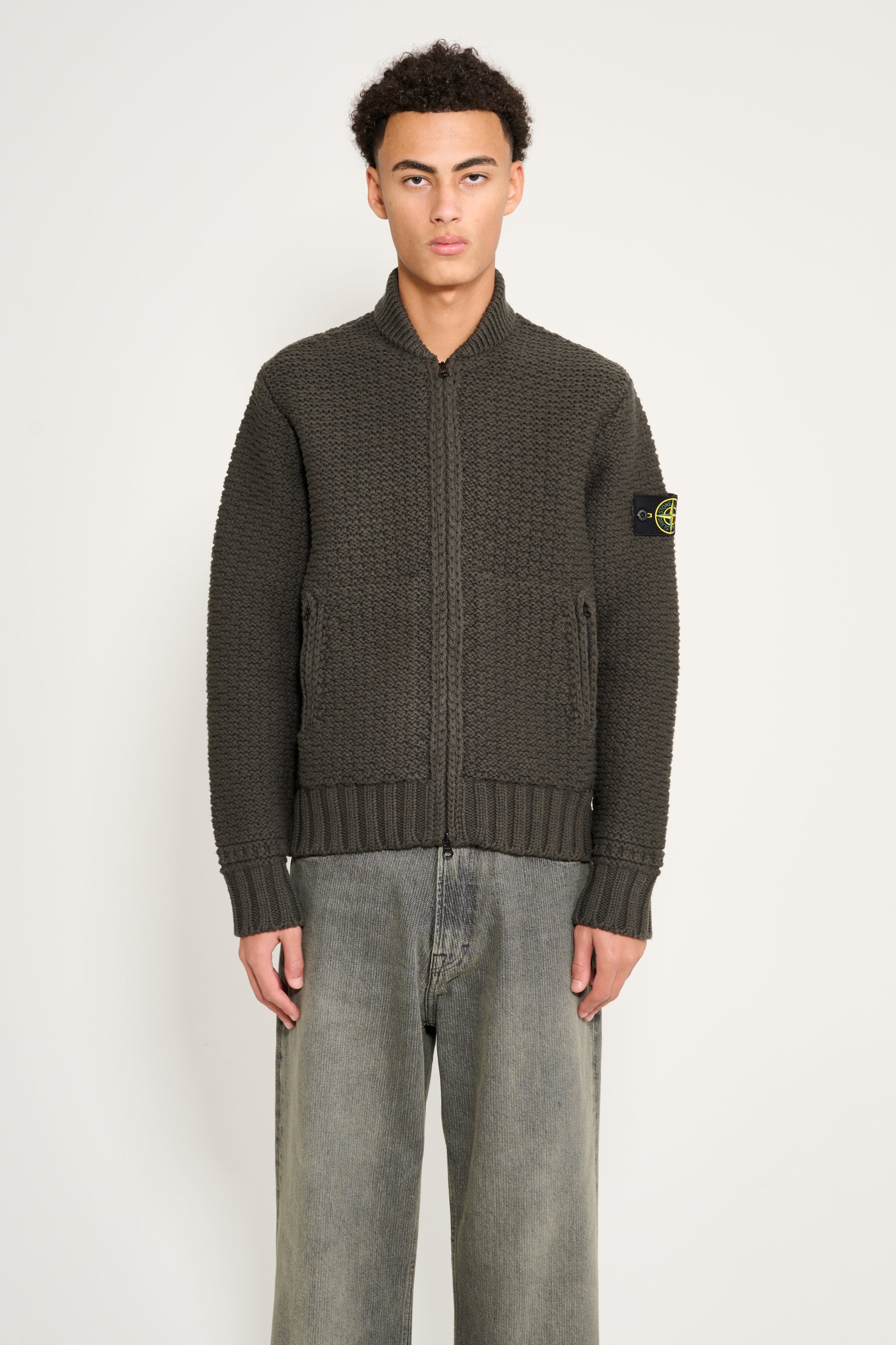 Stone Island Pure Wool Jumper With Zip Pockets Military Green