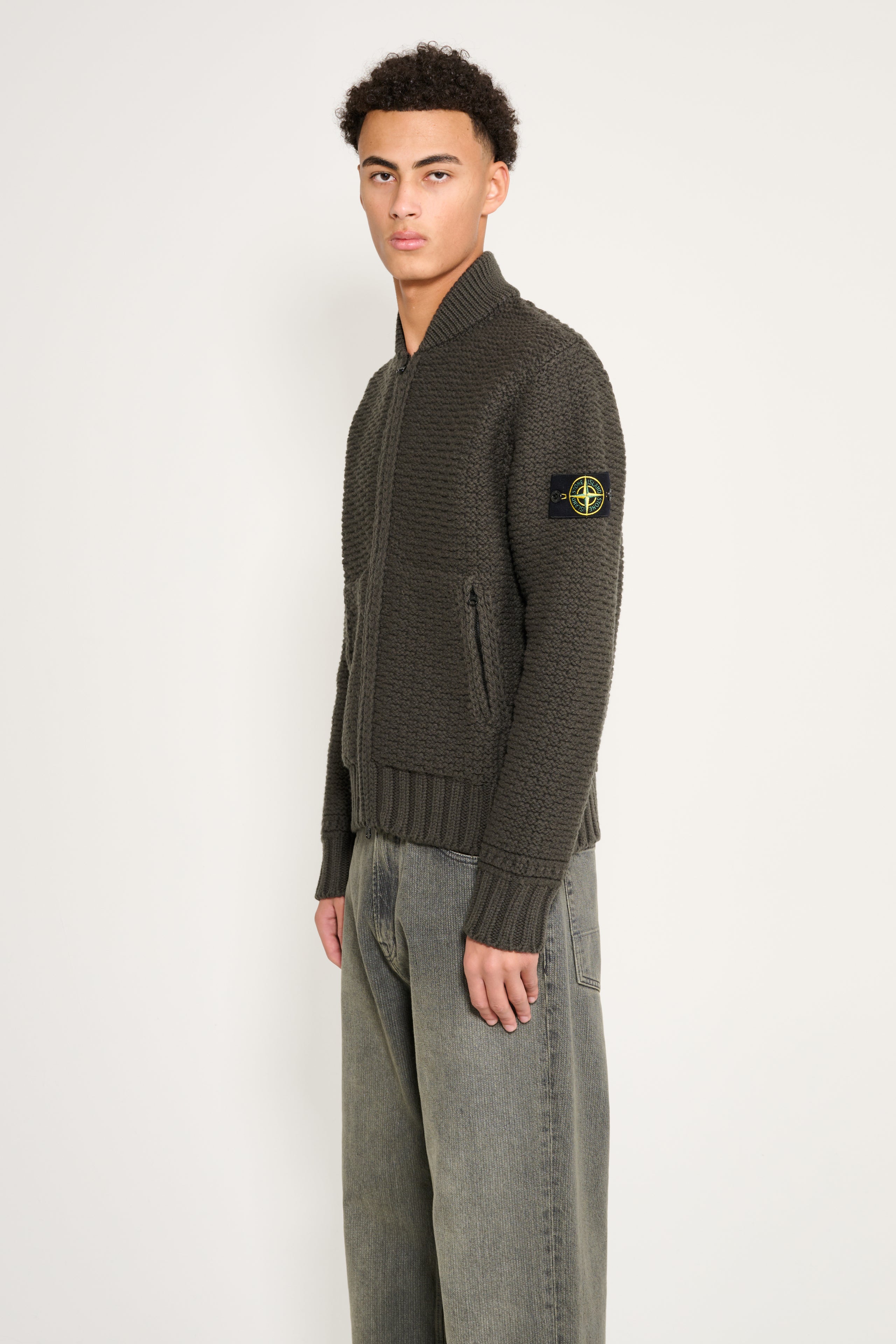 Stone Island Pure Wool Jumper With Zip Pockets Military Green
