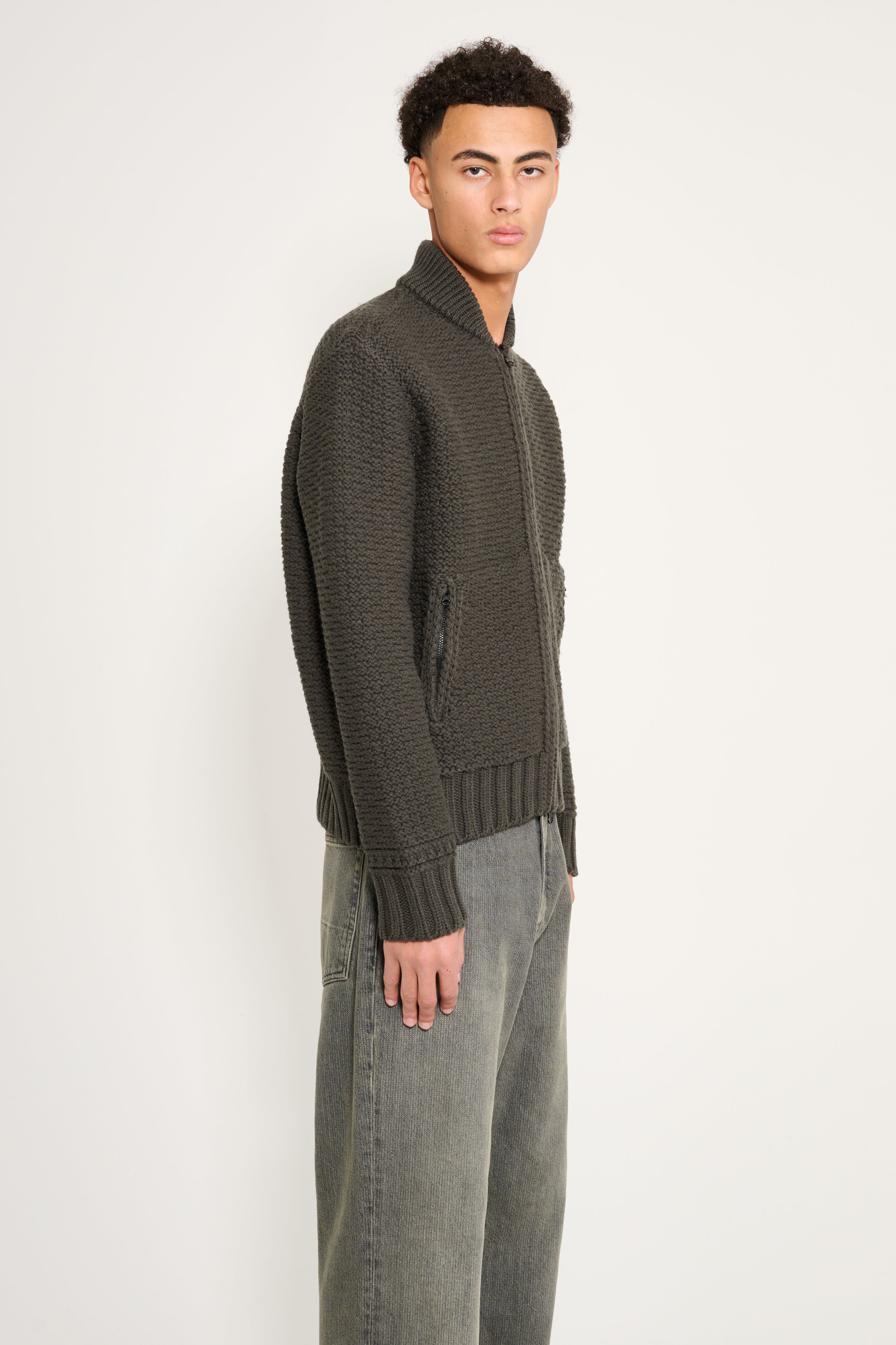 Stone Island Pure Wool Jumper With Zip Pockets Military Green