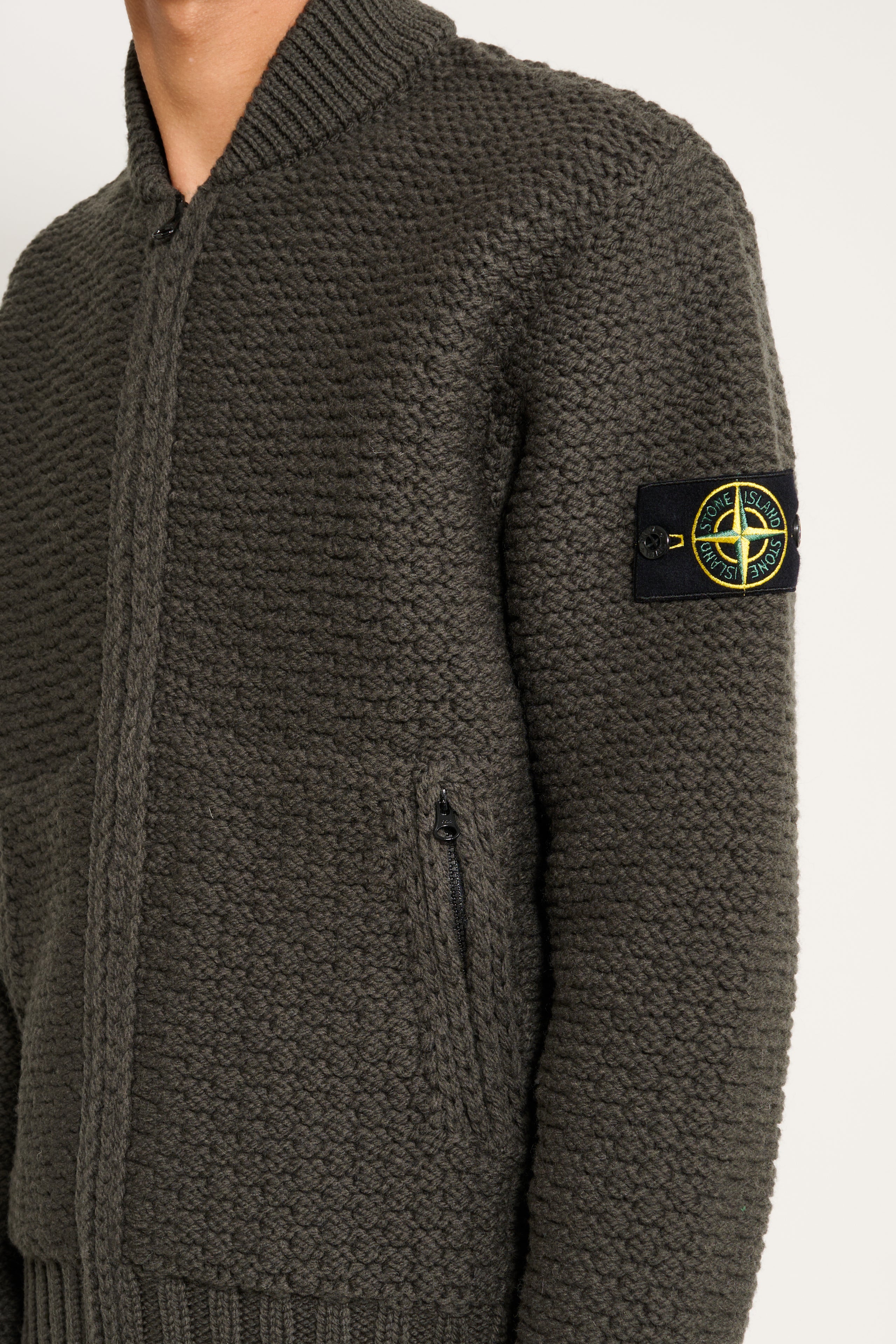 Stone Island Pure Wool Jumper With Zip Pockets Military Green