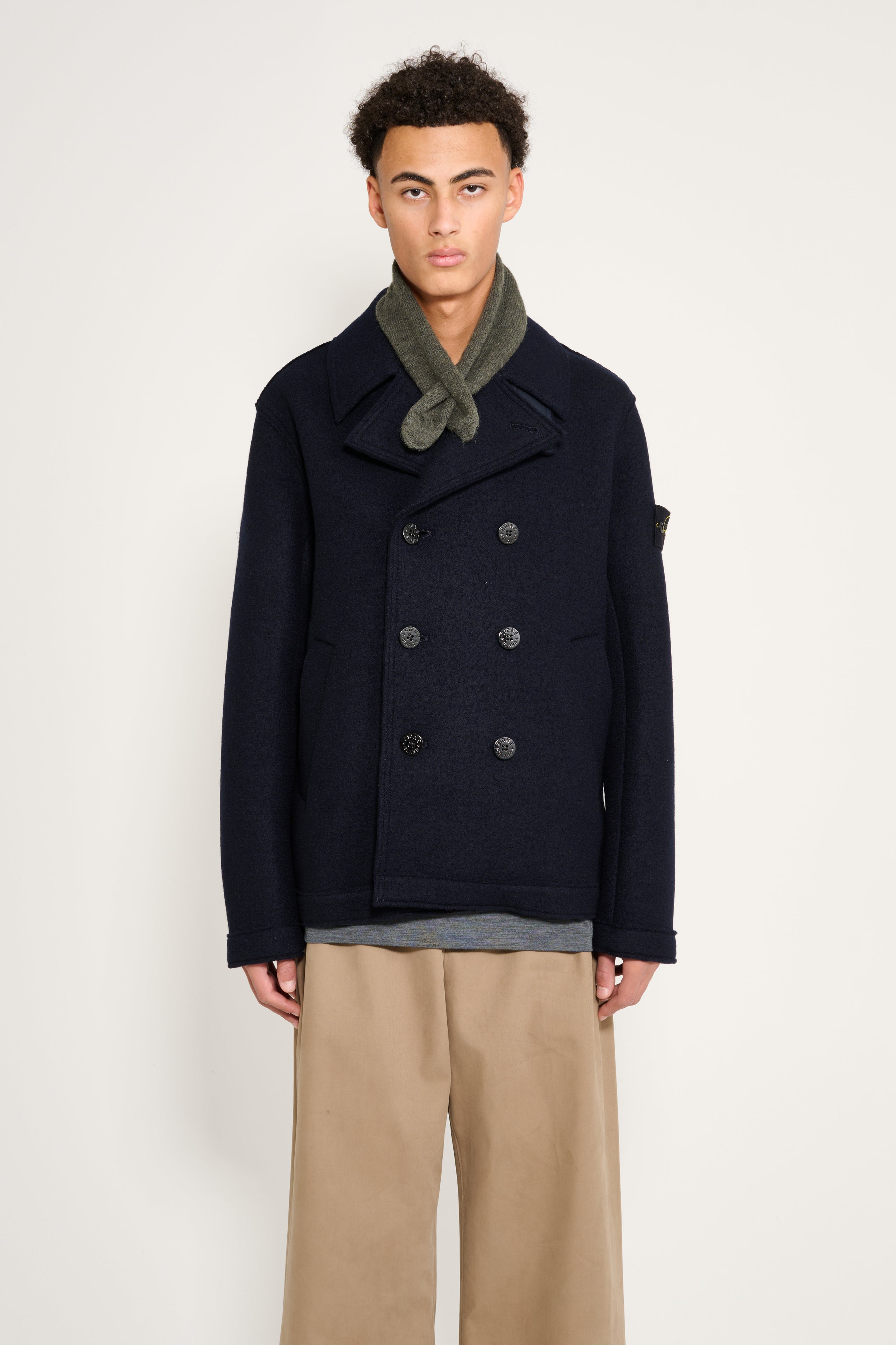 Stone Island Double Breasted Pea Coat Navy Blue