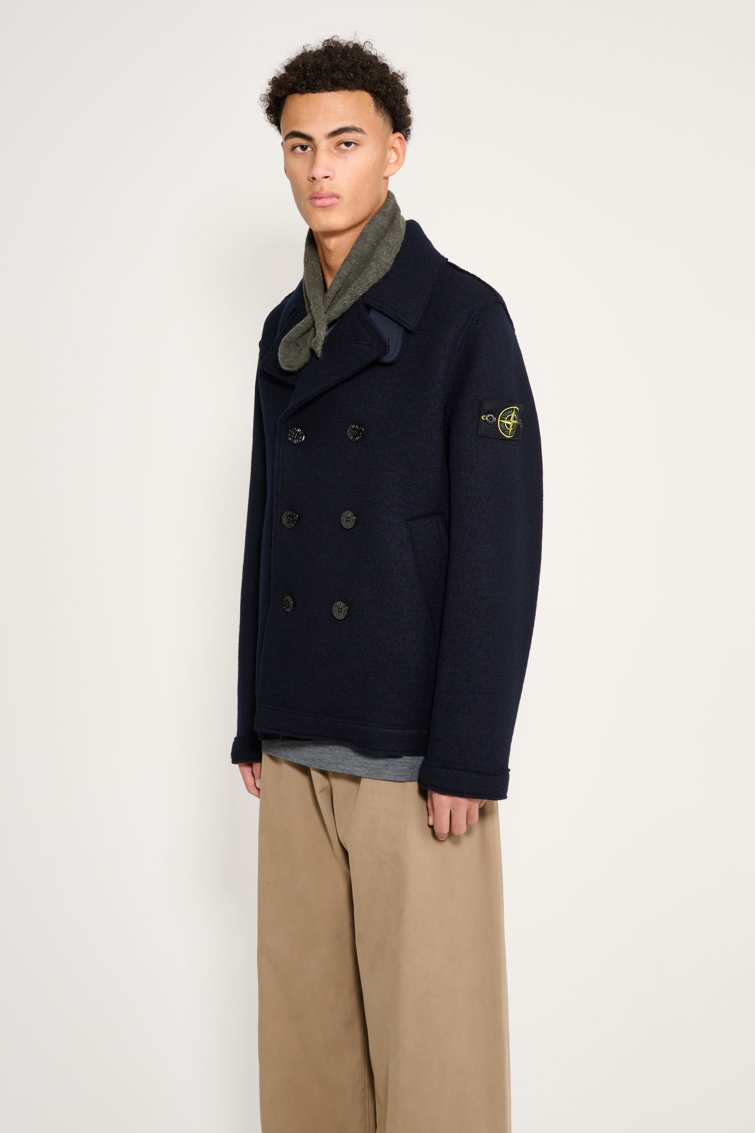 Stone Island Double Breasted Pea Coat Navy Blue