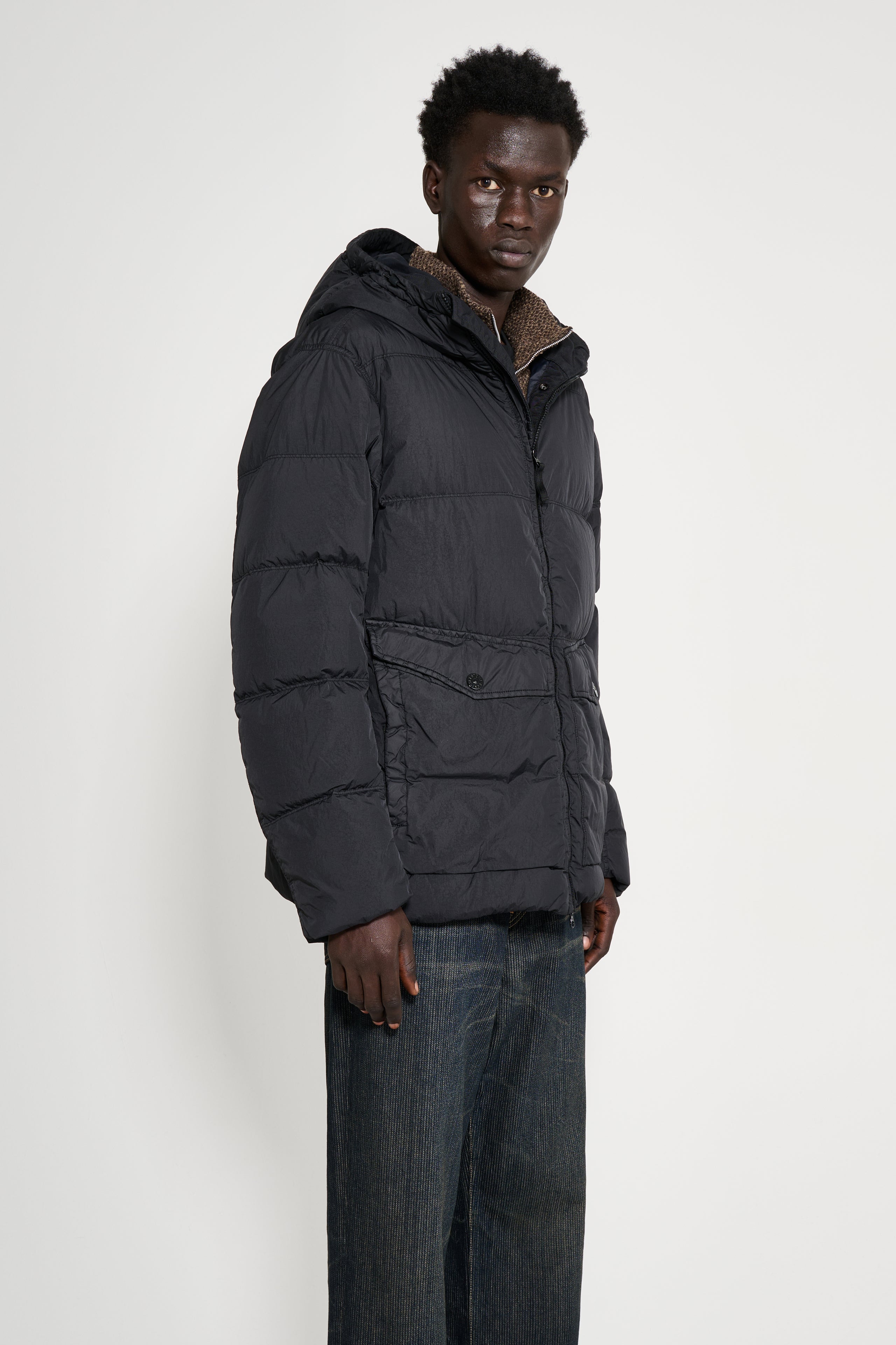Stone Island Crinkle Reps NY Hooded Down Jacket Black
