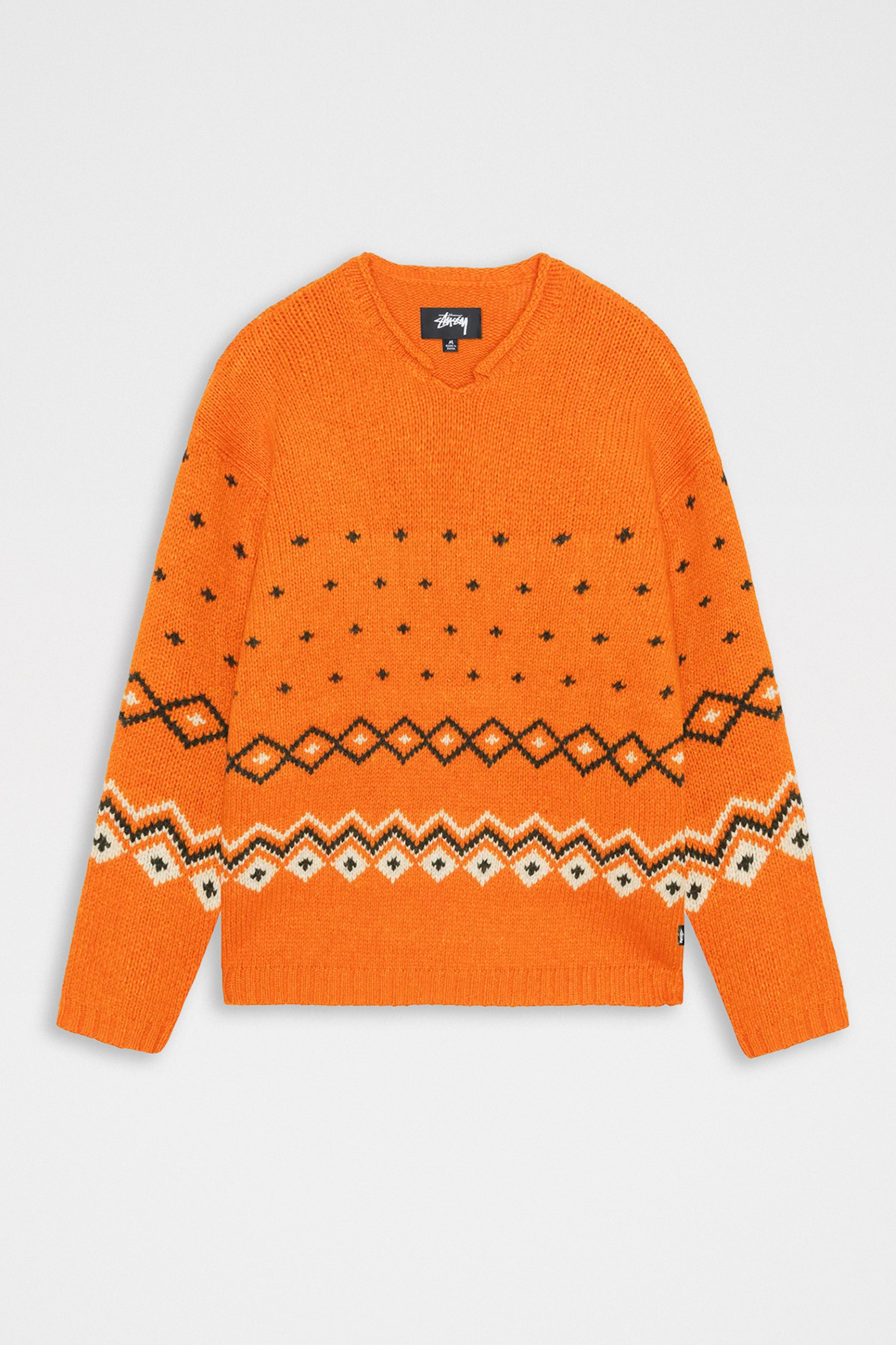 Stüssy Roll V Neck Fairisle Sweater Orange