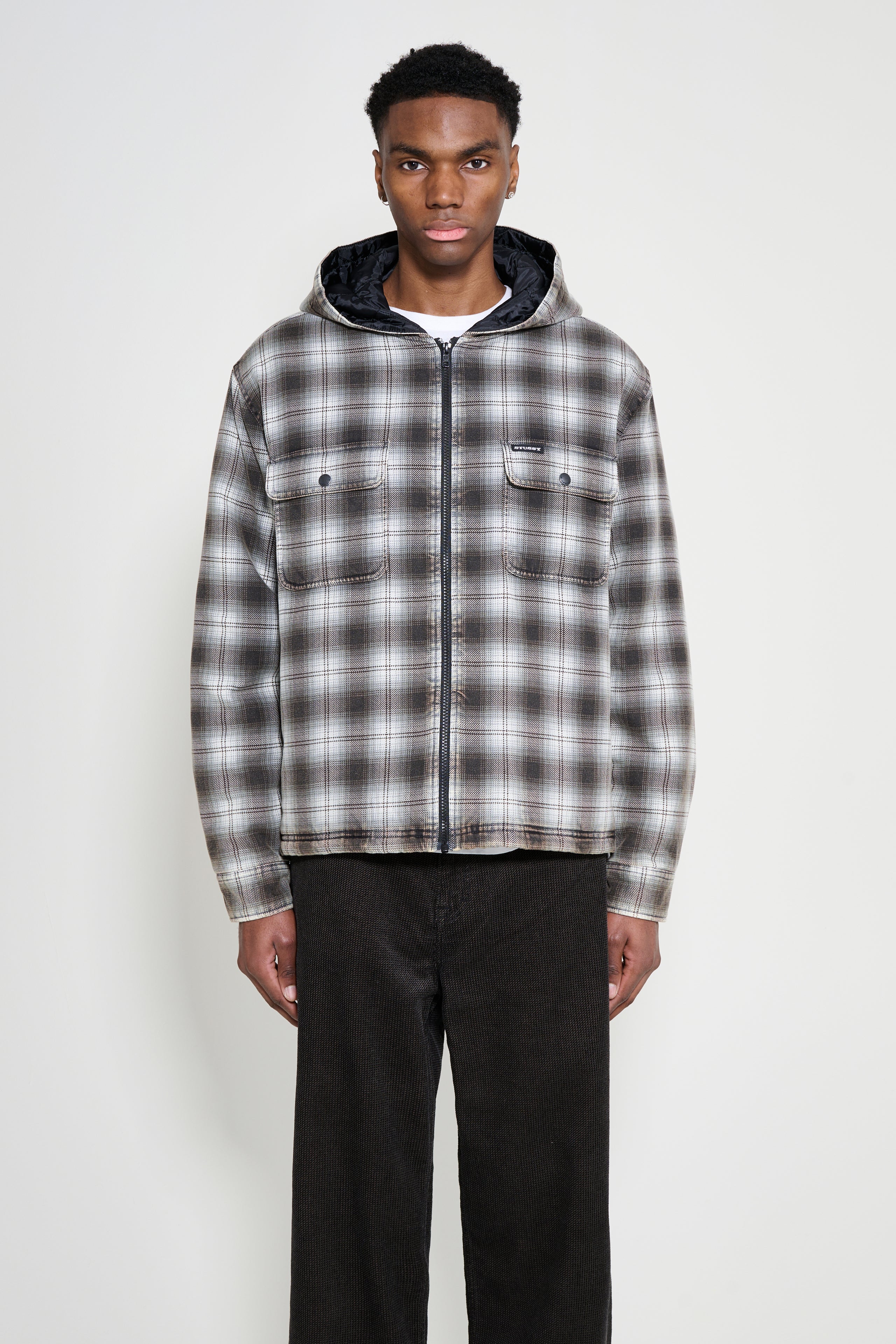 Stüssy Zip Hooded Plaid Shirt Charcoal