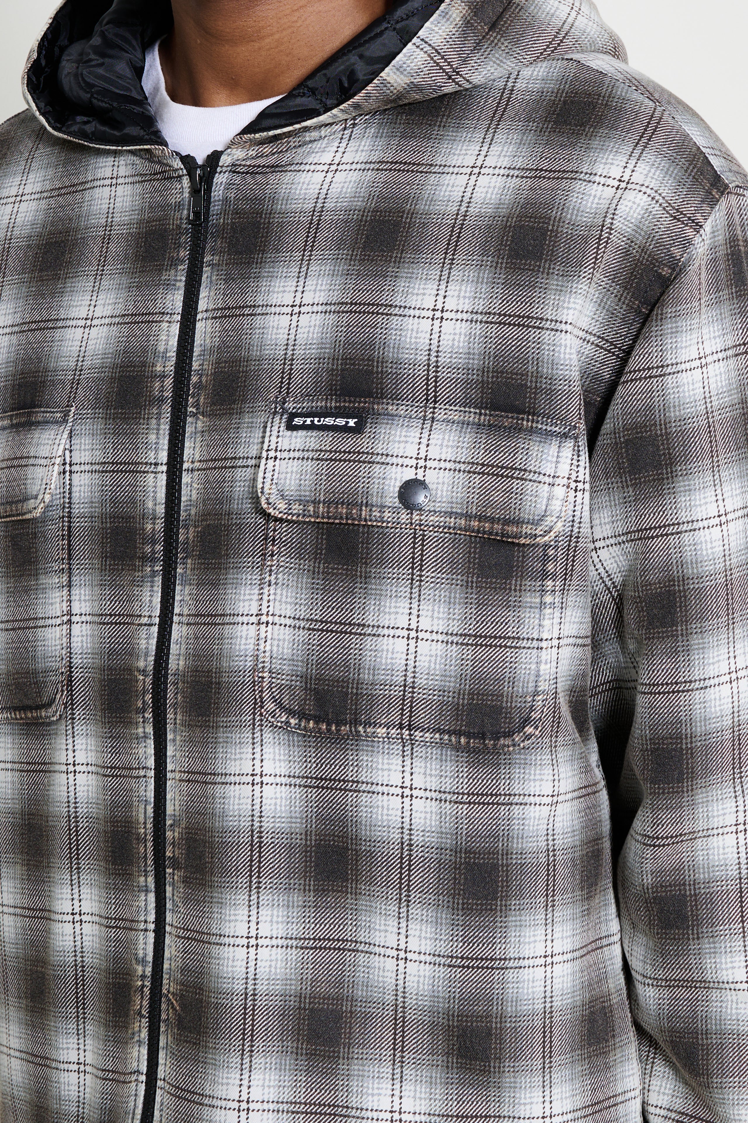 Stüssy Zip Hooded Plaid Shirt Charcoal