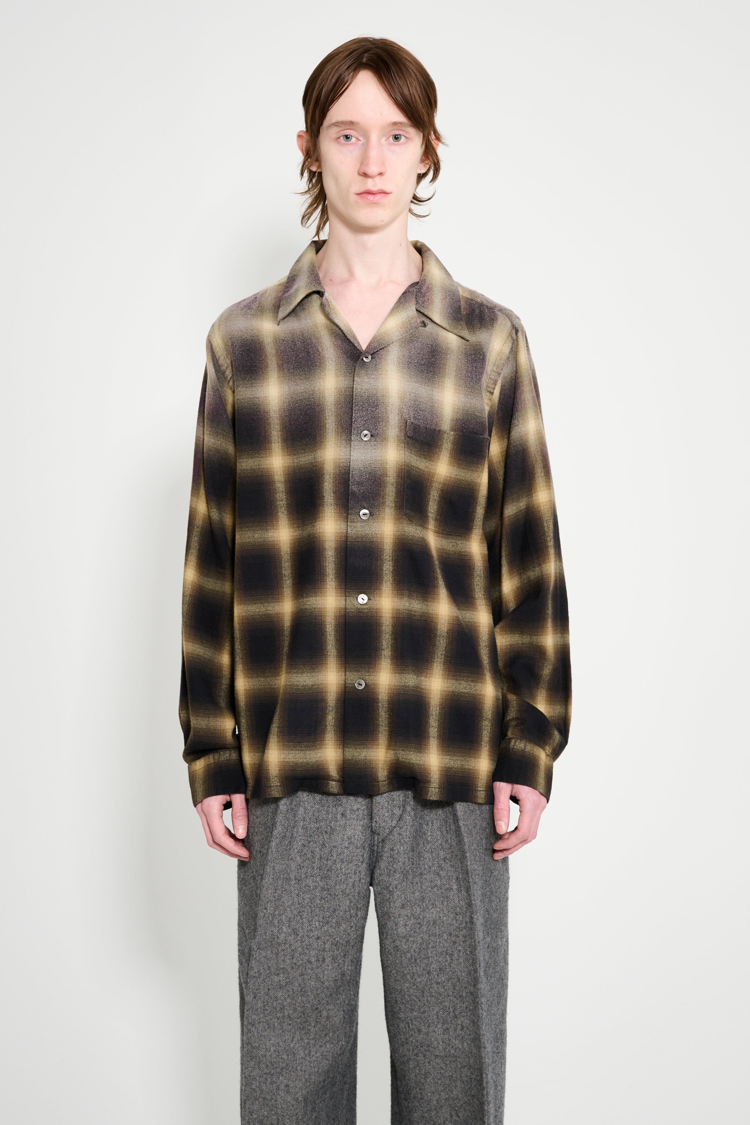 Taiga Takahashi Open Collar Shirt Bleached Beige Plaid