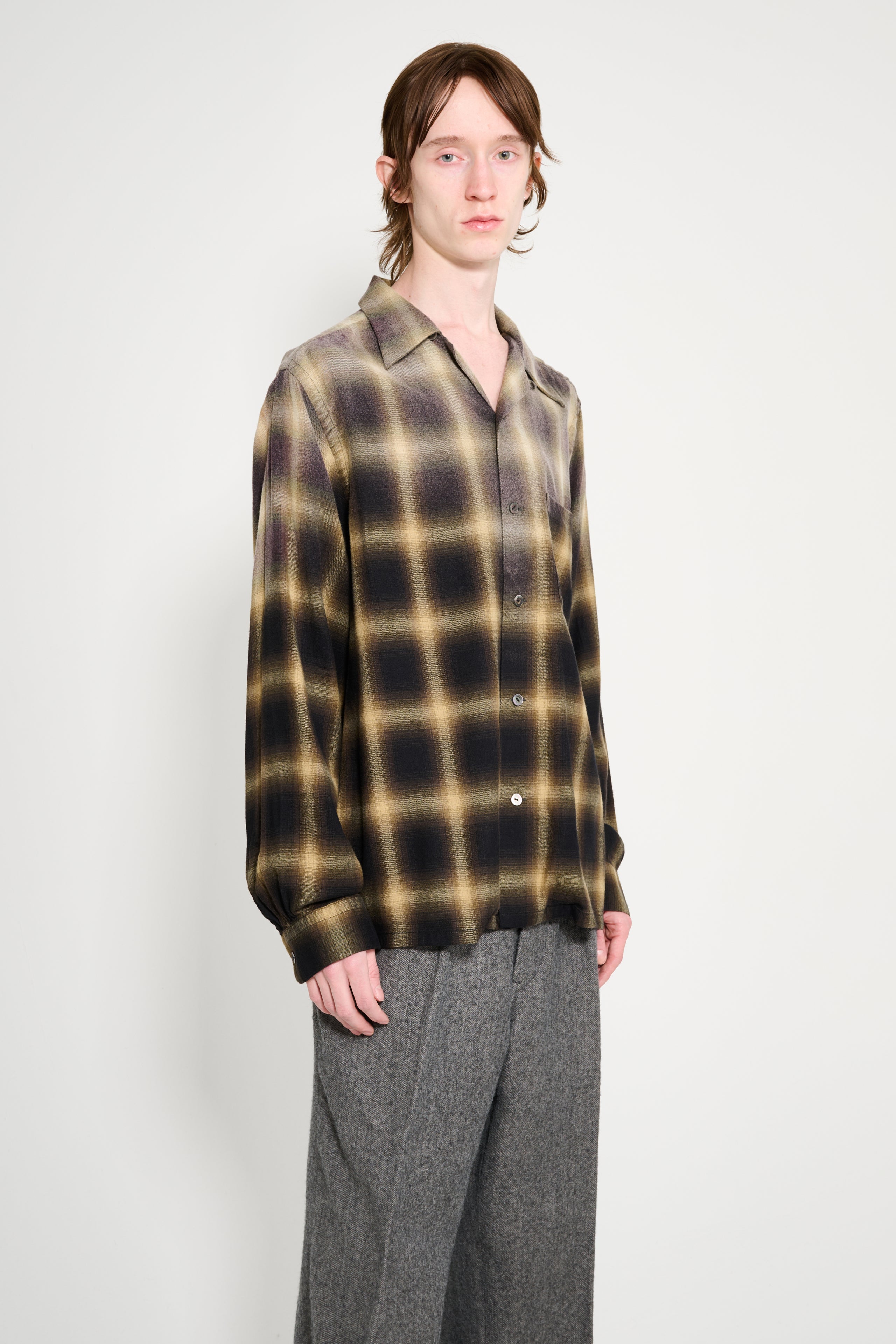 Taiga Takahashi Open Collar Shirt Bleached Beige Plaid