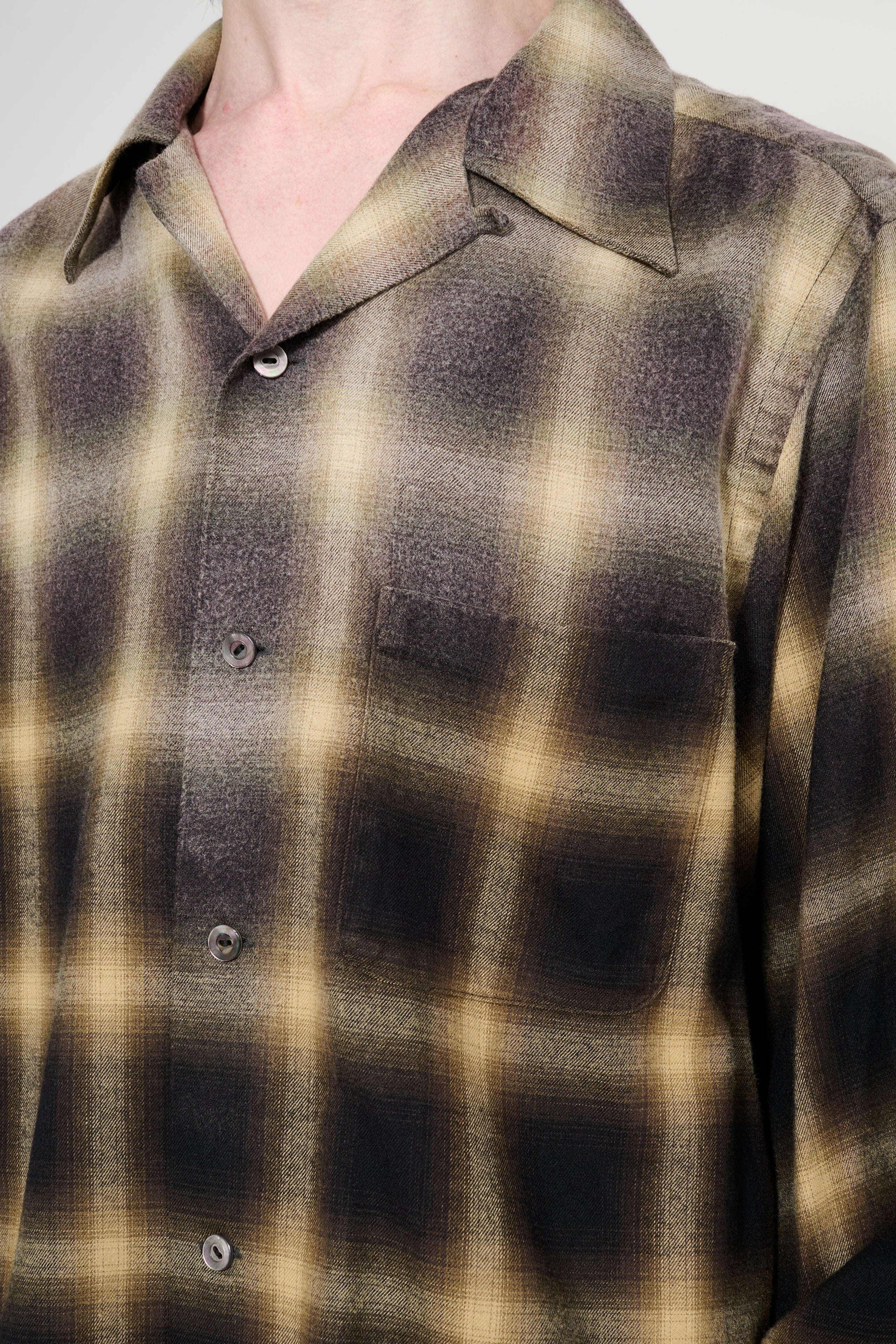 Taiga Takahashi Open Collar Shirt Bleached Beige Plaid
