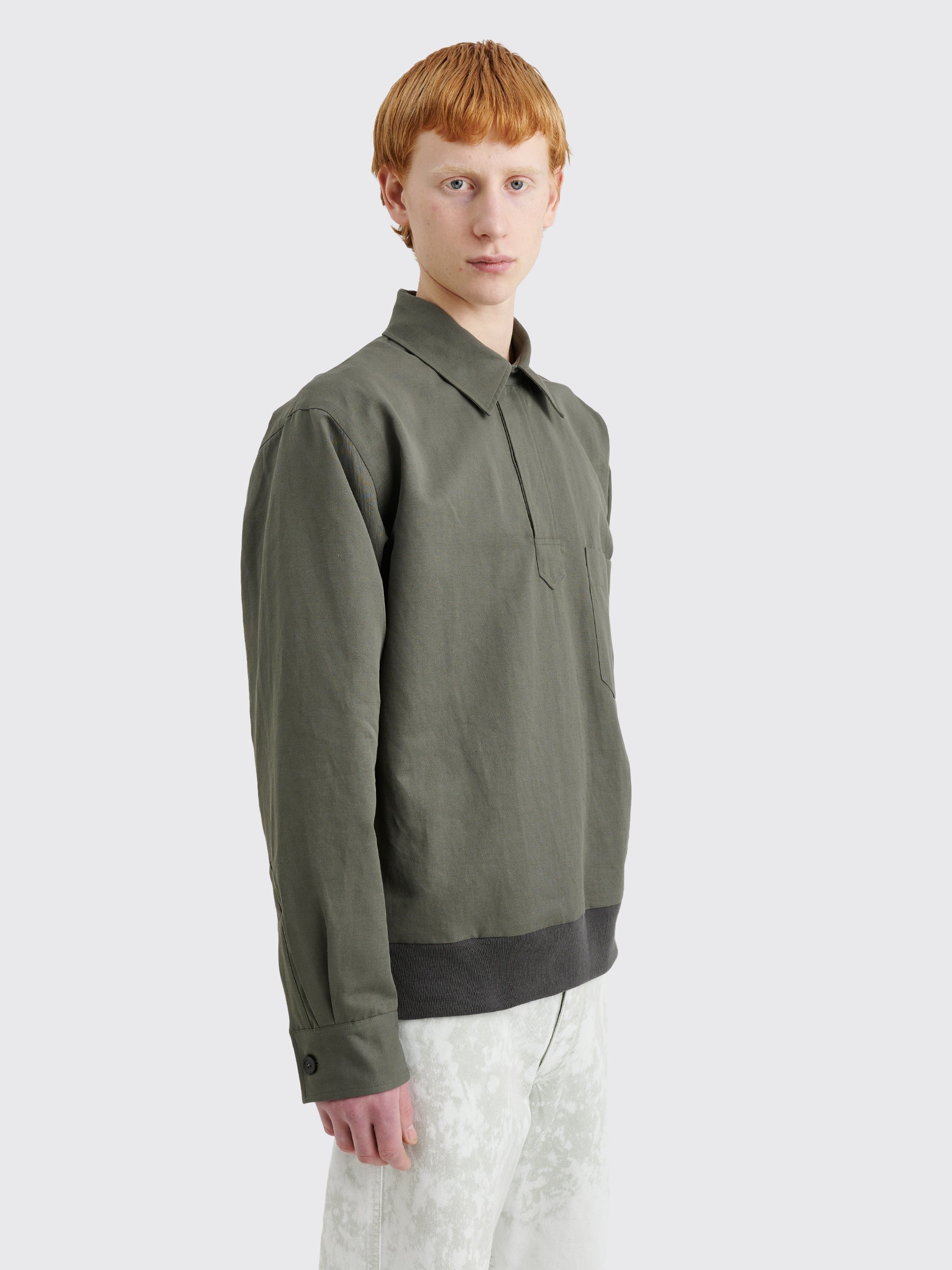 Margaret Howell Pull Over Shirt Light Cotton Linen Twill Grey Green